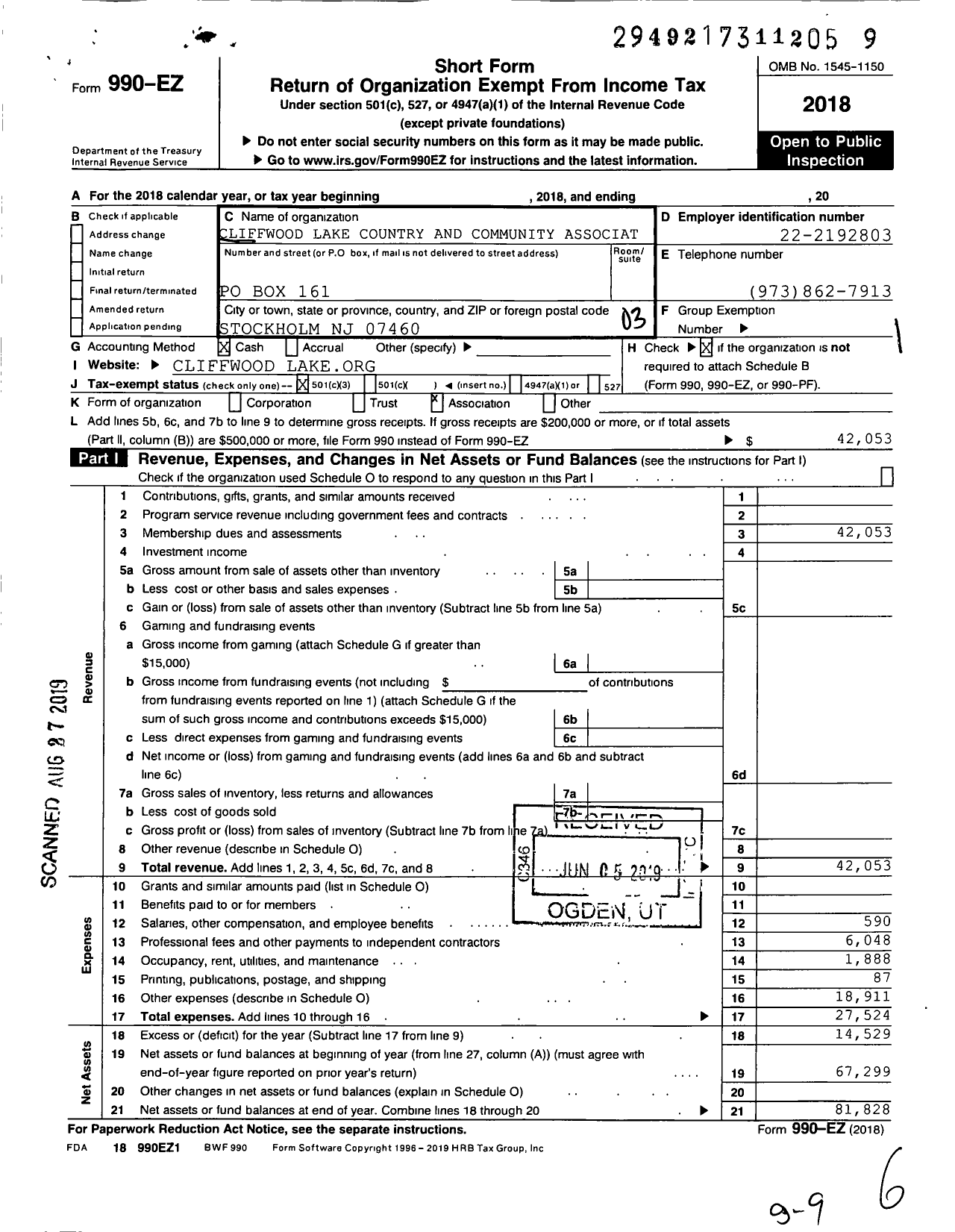 Image of first page of 2018 Form 990EZ for Cliffwood Lake Country and Community Associat