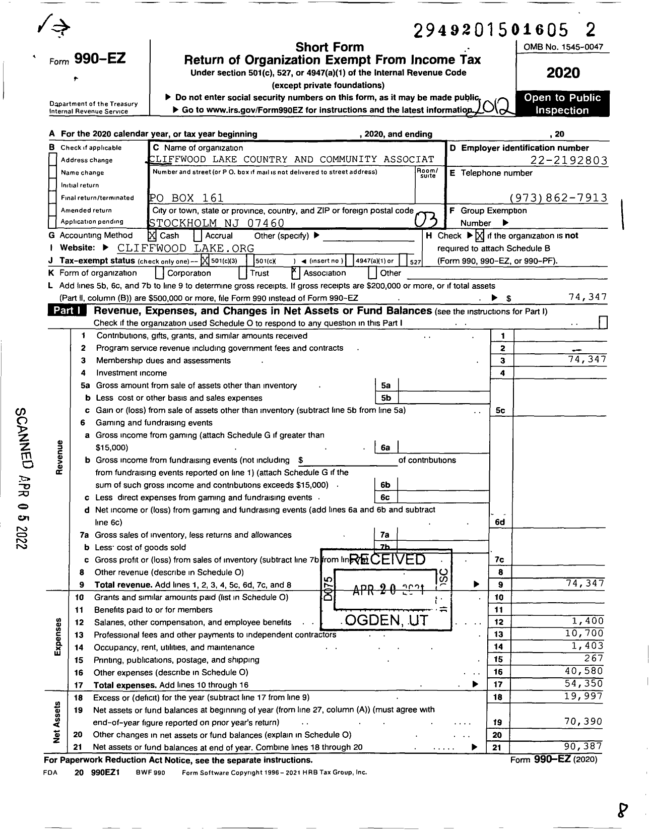 Image of first page of 2020 Form 990EZ for Cliffwood Lake Country and Community Associat