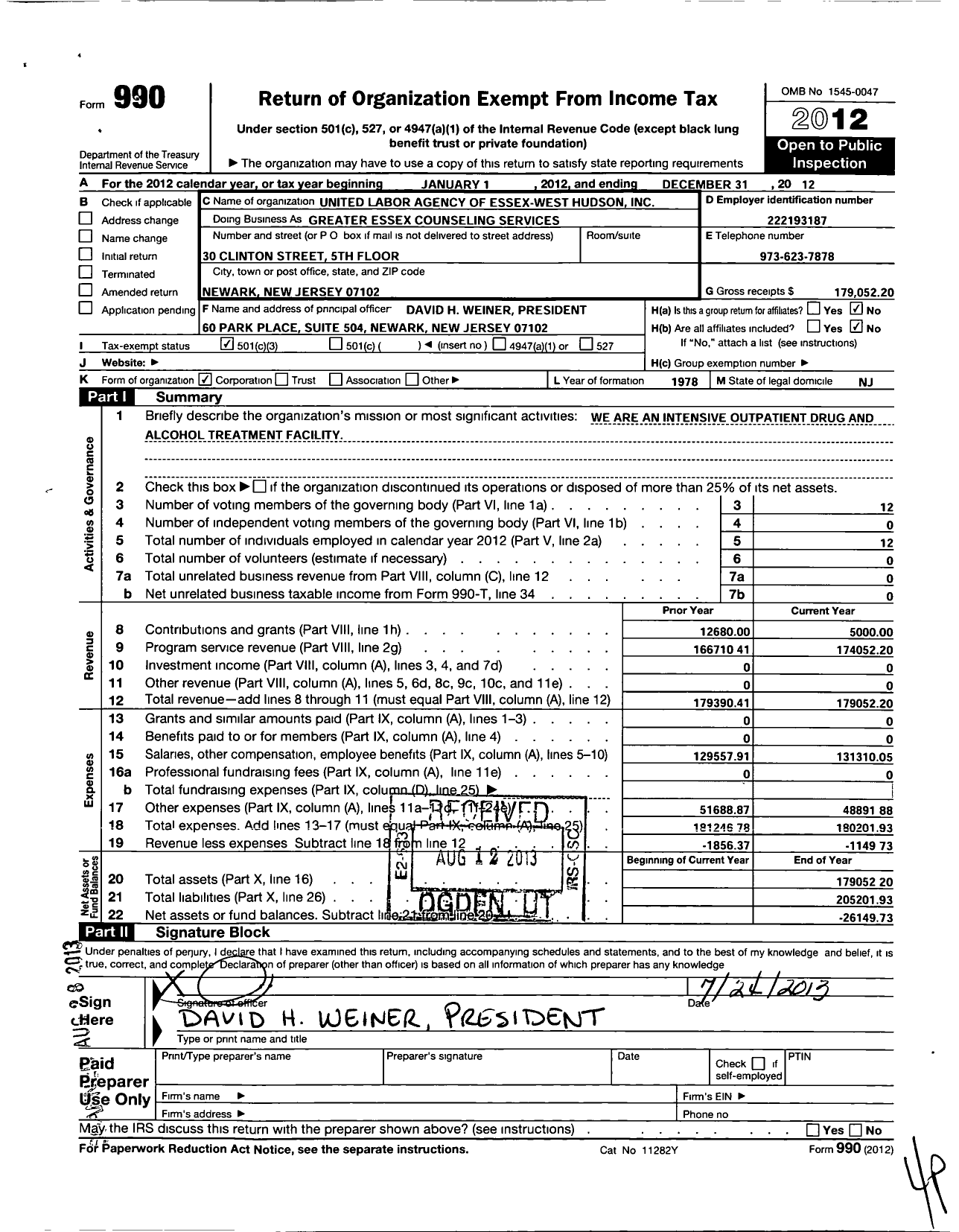 Image of first page of 2012 Form 990 for United Labor Agency of Essex West Hudson
