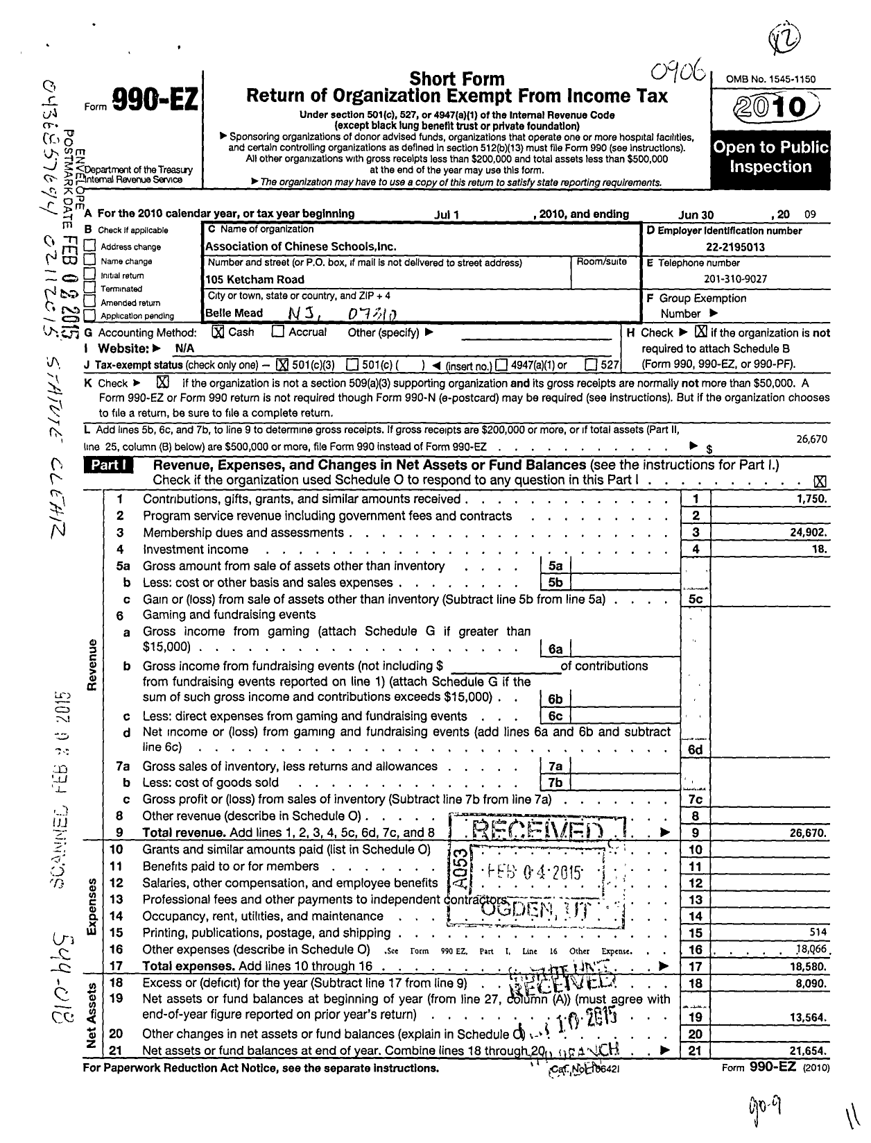 Image of first page of 2008 Form 990EZ for Association of Chinese Schools