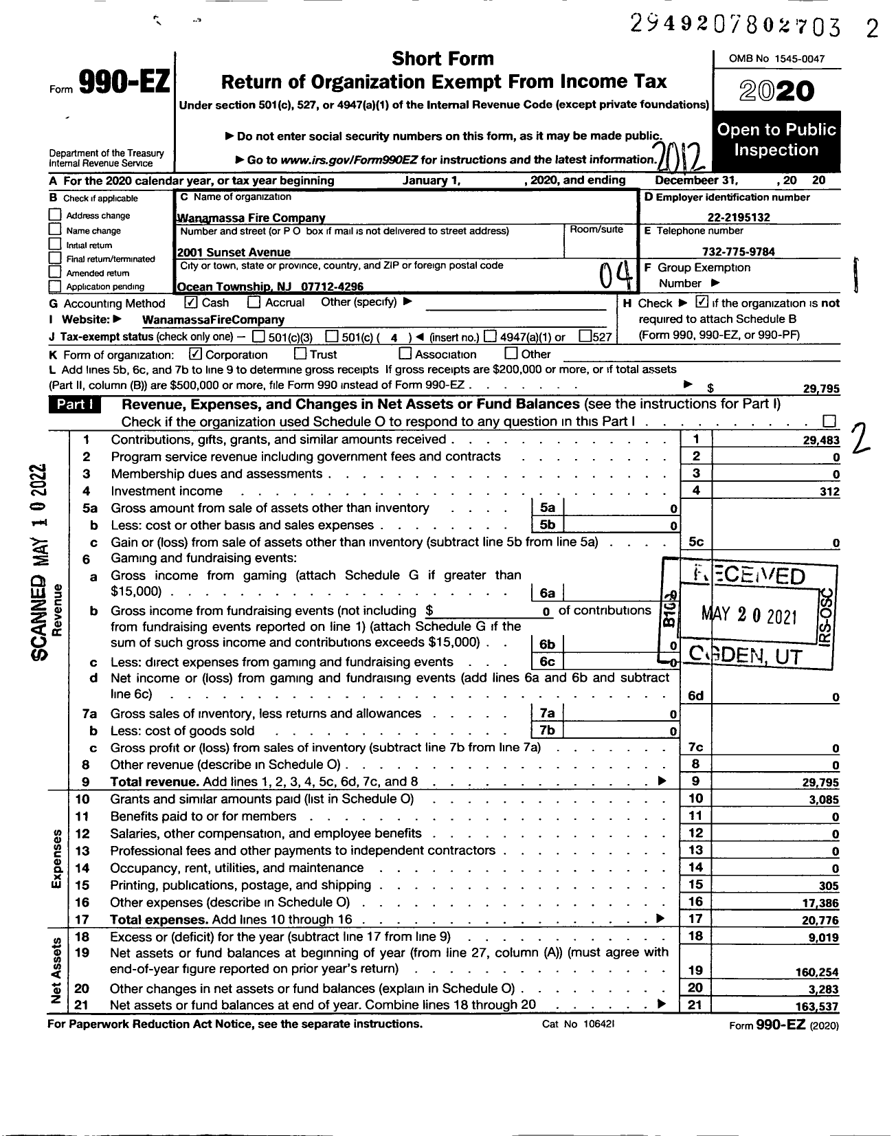 Image of first page of 2020 Form 990EO for Wanamassa Fire Company