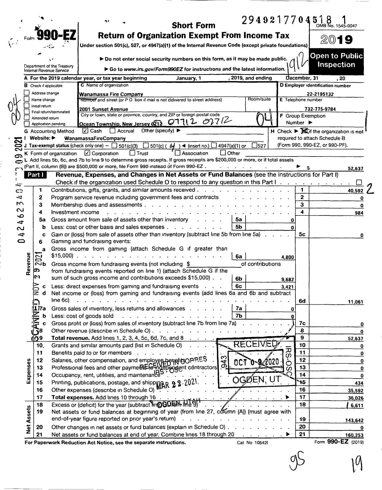 Image of first page of 2019 Form 990EO for Wanamassa Fire Company