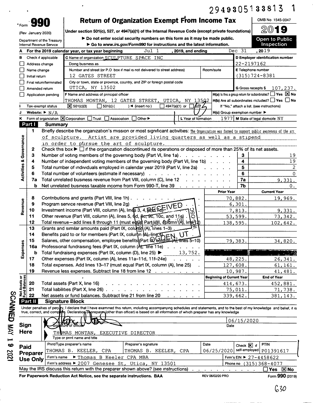 Image of first page of 2019 Form 990 for Sculpture Space