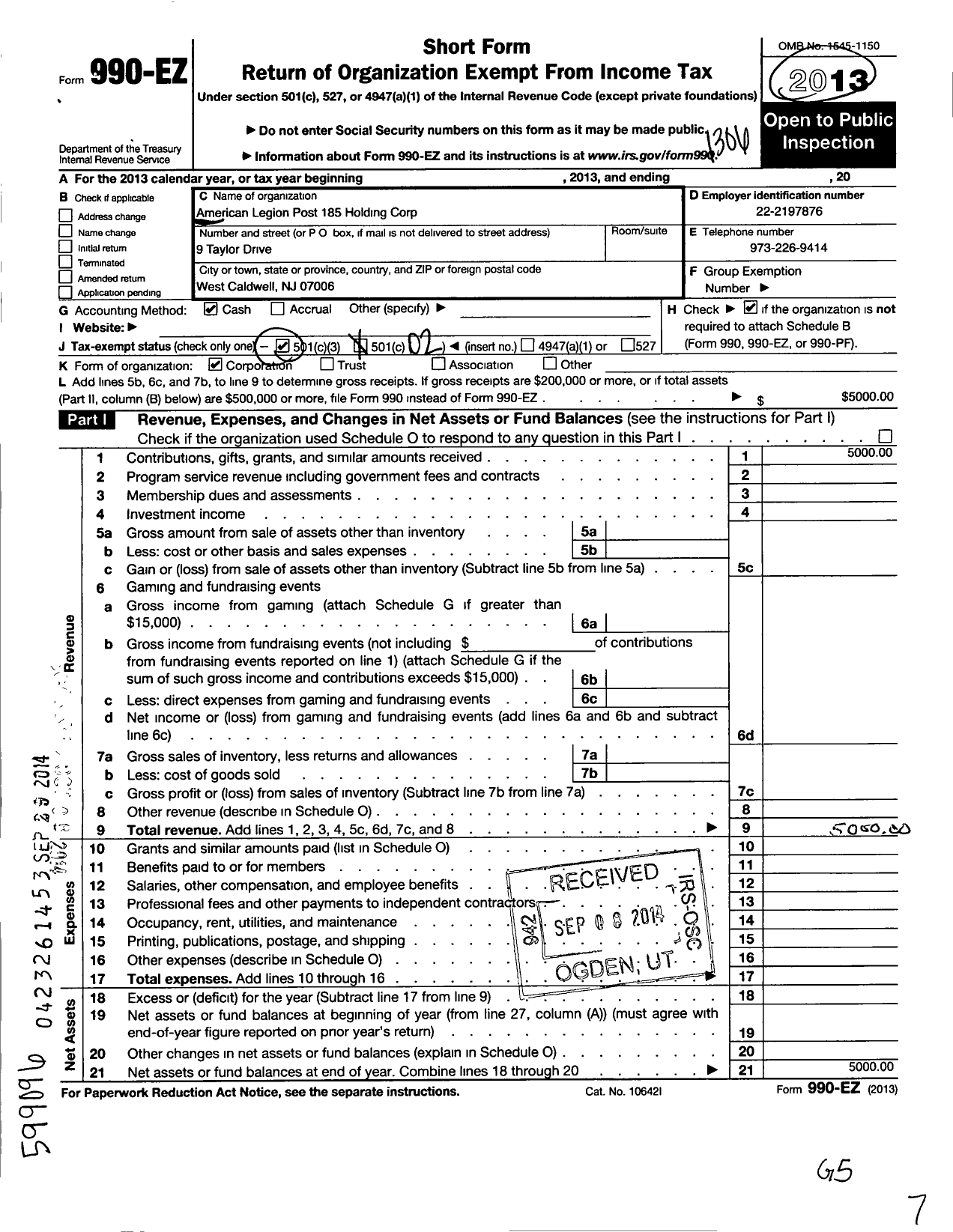 Image of first page of 2012 Form 990EO for American Legion James Caldwell Post Holding Corporation