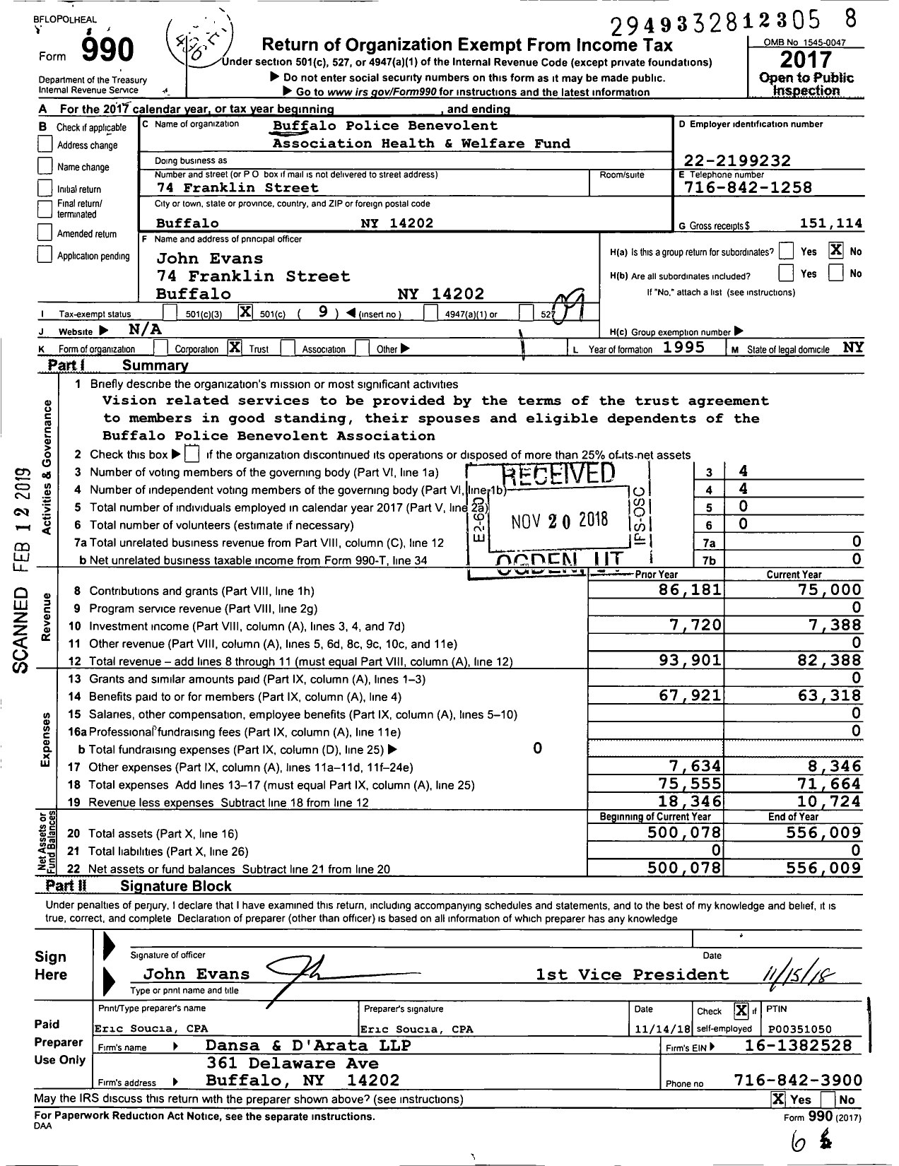 Image of first page of 2017 Form 990O for Buffalo Police Benevolent Association Health and Welfare Fund