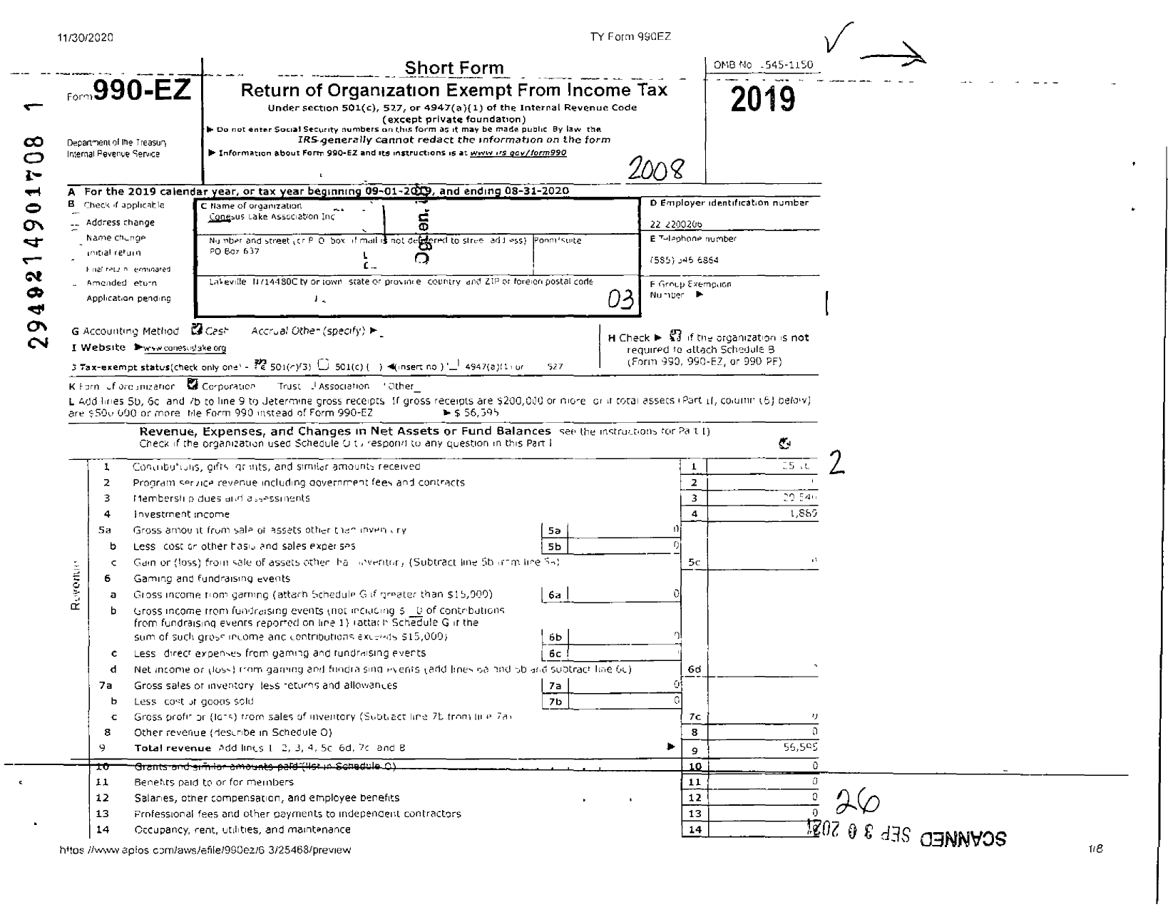 Image of first page of 2019 Form 990EZ for Conesus Lake Association