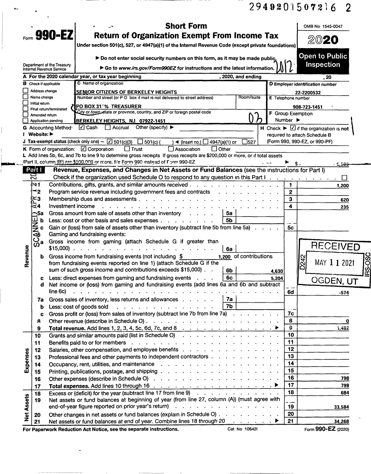 Image of first page of 2020 Form 990EZ for Senior Citizens of Berkeley Heights Berkeley Heights NJ