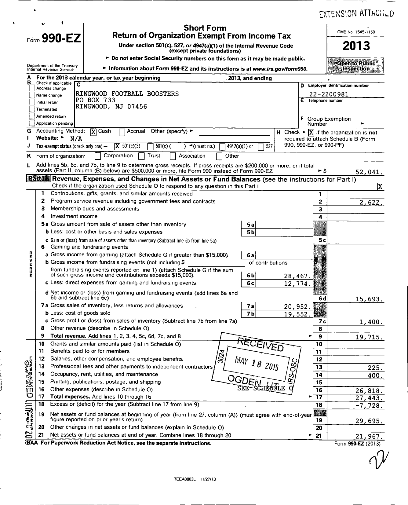 Image of first page of 2013 Form 990EZ for Ringwood Football Boosters