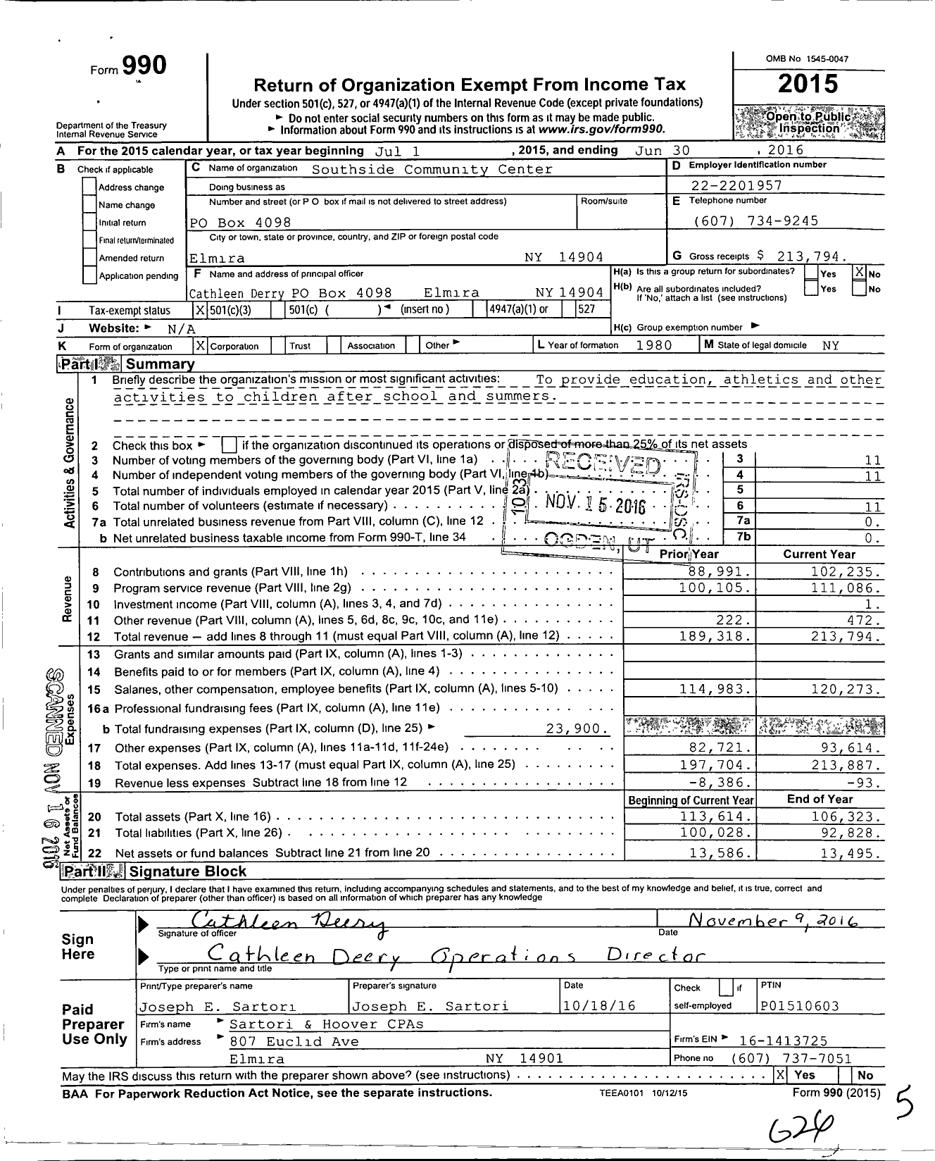 Image of first page of 2015 Form 990 for Southside Community Center