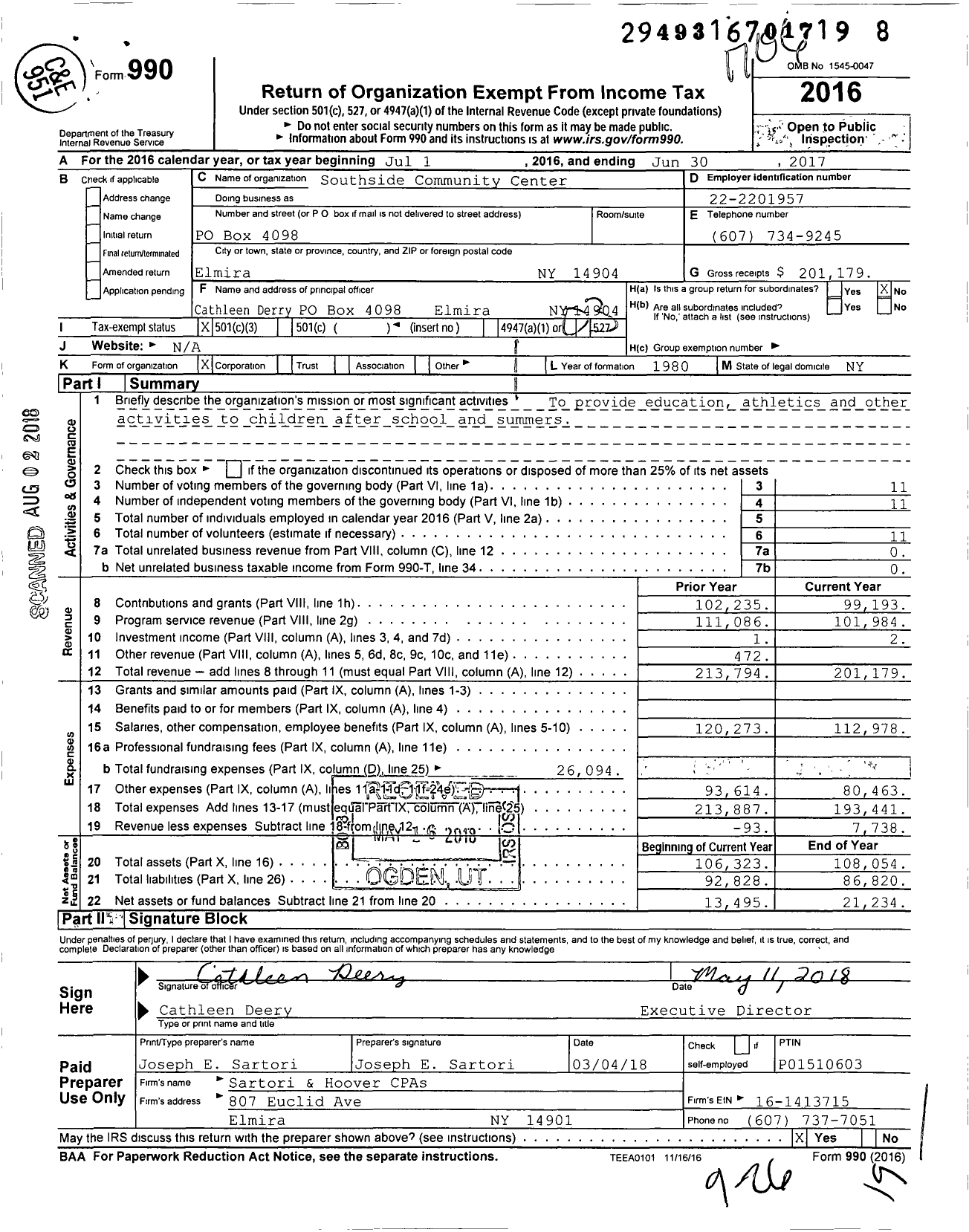 Image of first page of 2016 Form 990 for Southside Community Center