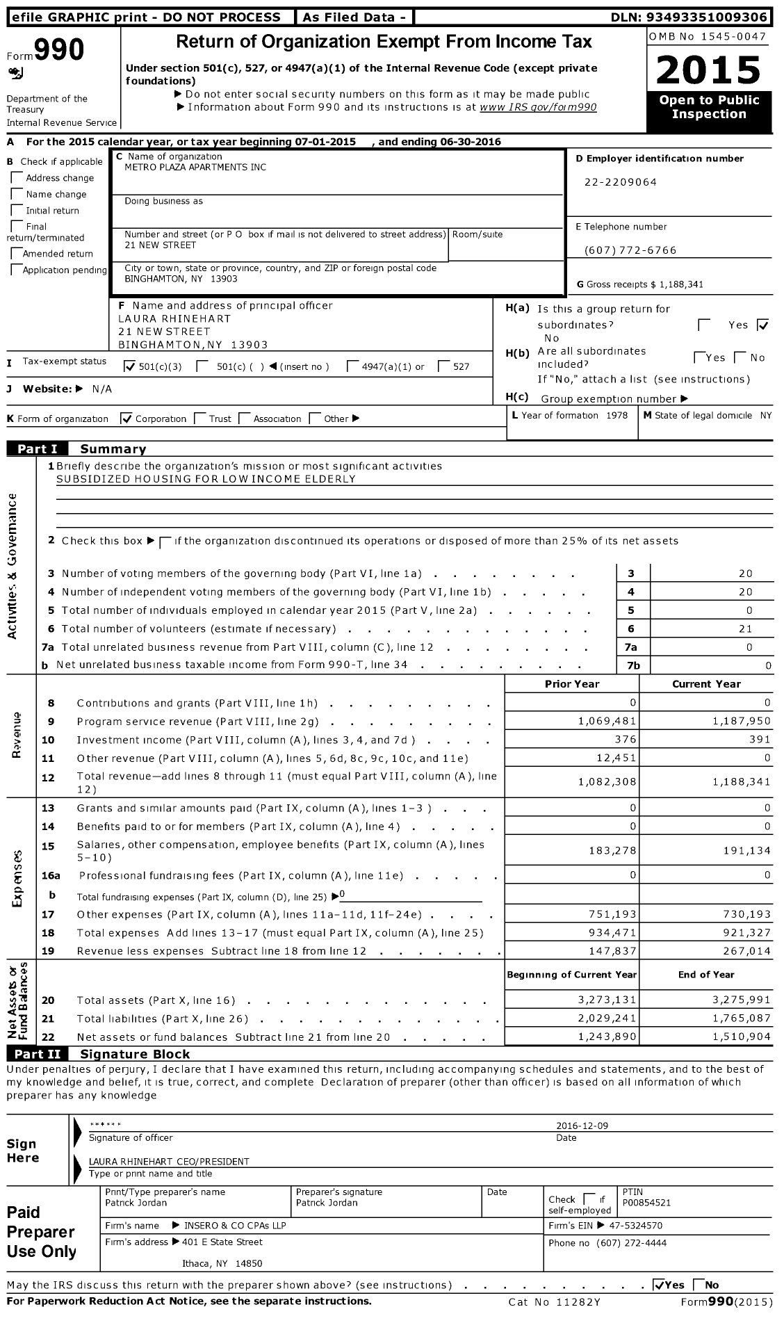 Image of first page of 2015 Form 990 for Metro Plaza Apartments