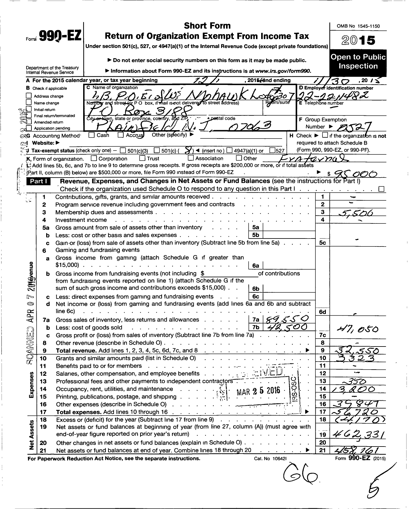 Image of first page of 2014 Form 990EO for Improved Benevolent and Protective Order of Elks of the World - 307 Mohawk Lodge