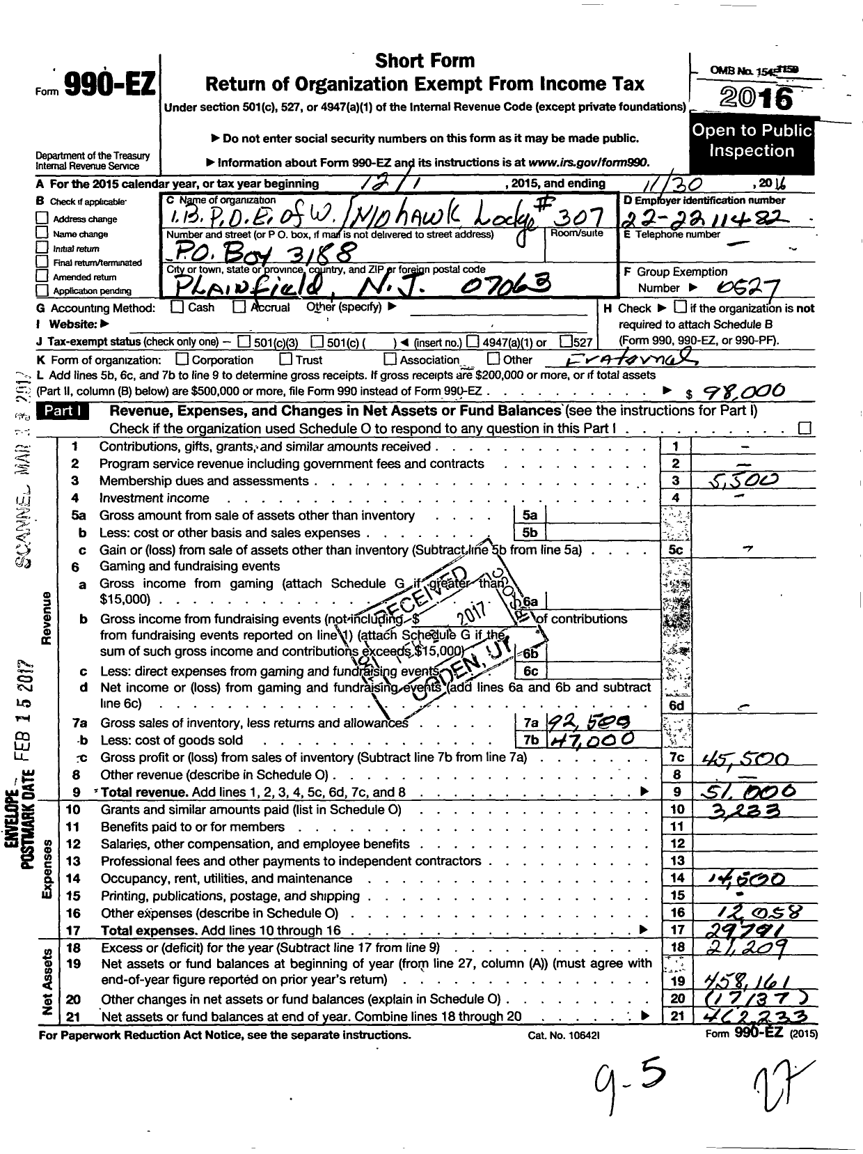 Image of first page of 2015 Form 990EO for Improved Benevolent and Protective Order of Elks of the World - 307 Mohawk Lodge