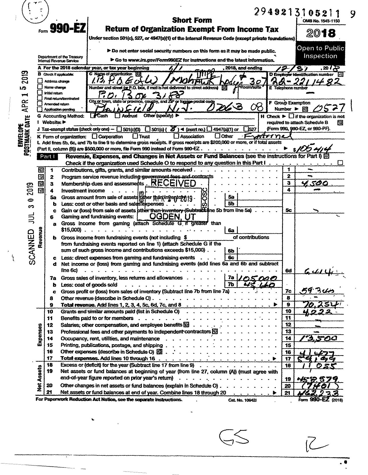 Image of first page of 2018 Form 990EO for Improved Benevolent and Protective Order of Elks of the World - 307 Mohawk Lodge