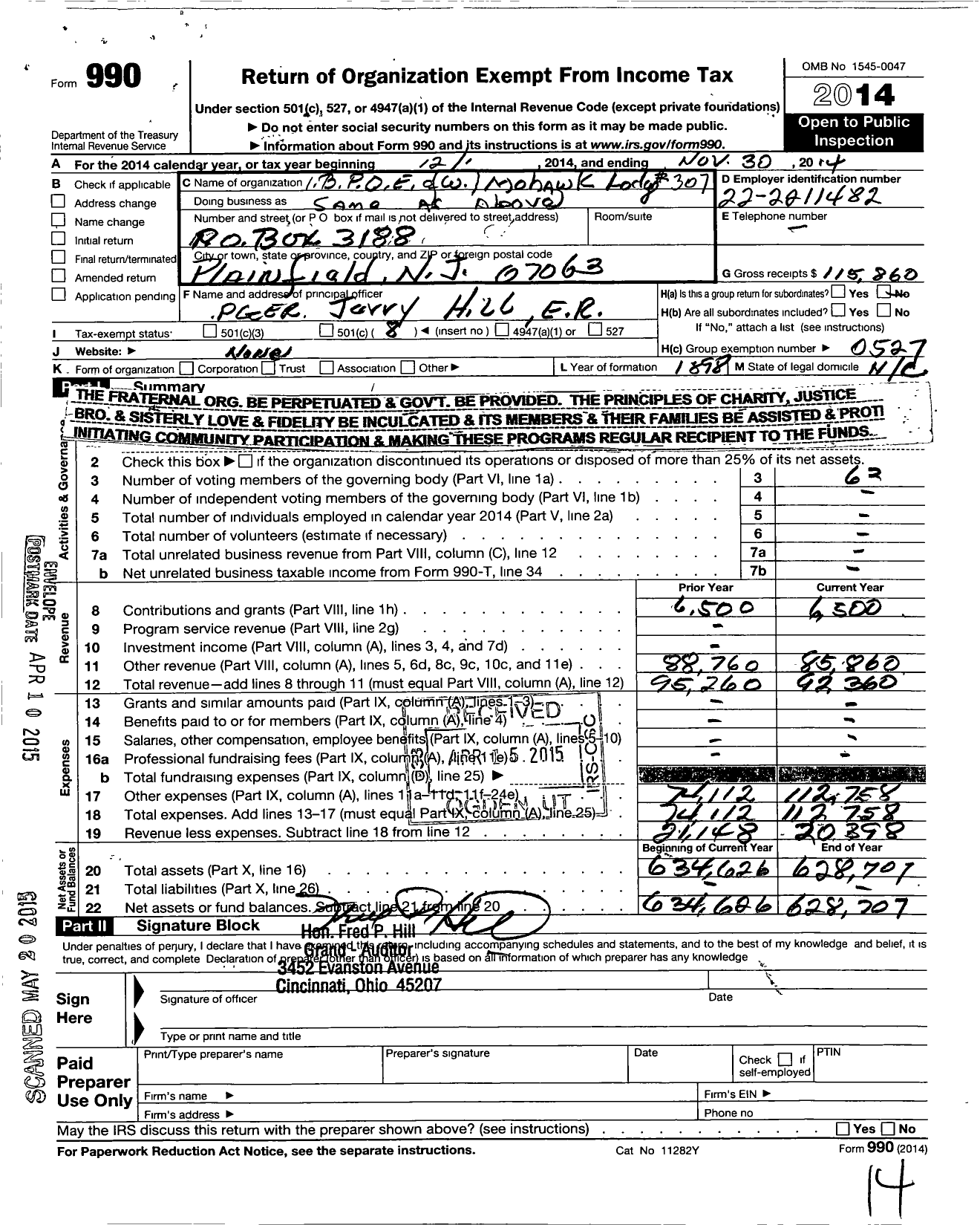 Image of first page of 2013 Form 990O for Improved Benevolent and Protective Order of Elks of the World - 307 Mohawk Lodge