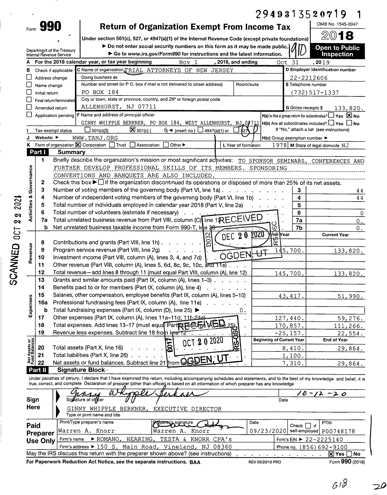 Image of first page of 2018 Form 990O for Trial Attorneys of New Jersey