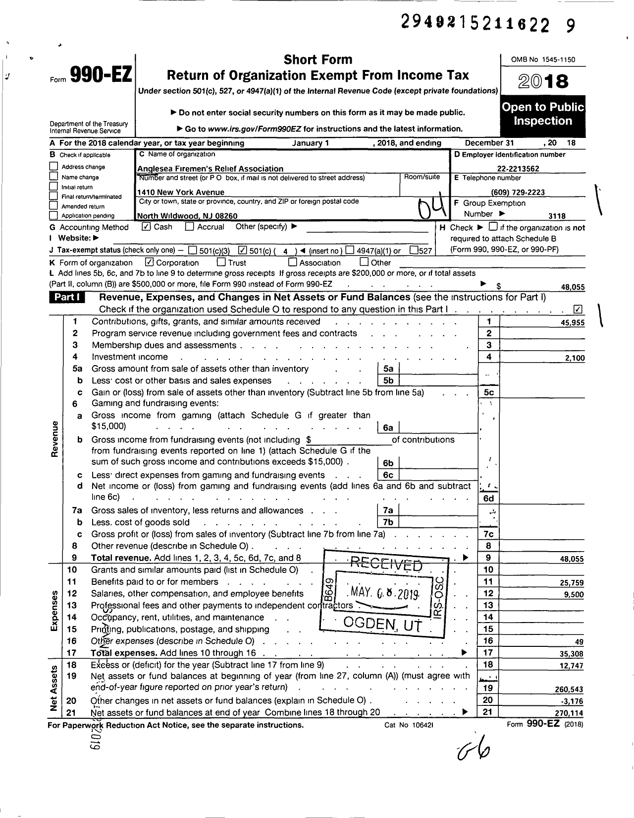 Image of first page of 2018 Form 990EO for New Jersey State Firemen's Association - Anglesea