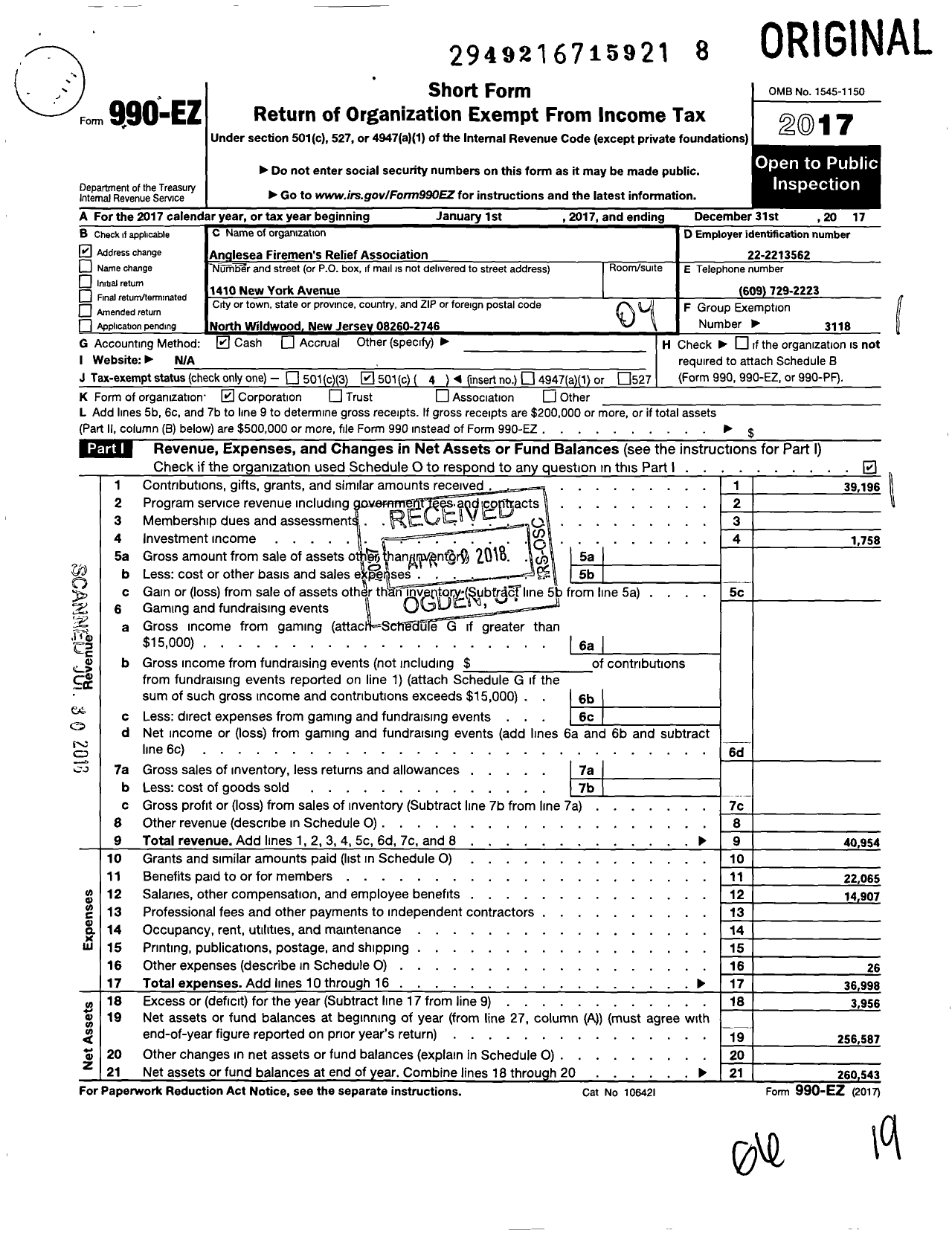 Image of first page of 2017 Form 990EO for New Jersey State Firemen's Association - Anglesea