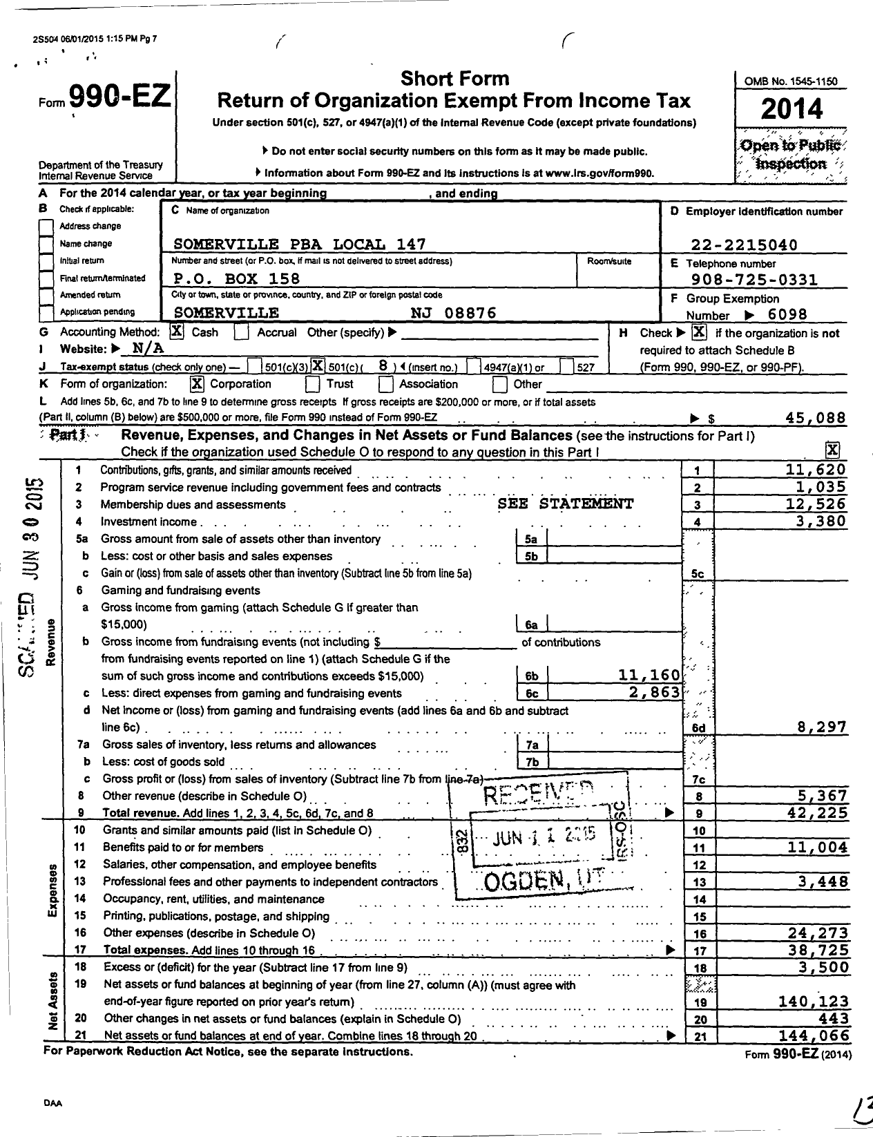 Image of first page of 2014 Form 990EO for NJ State Patrolmen's Benevolent Association - 147 Somerville Pba Local