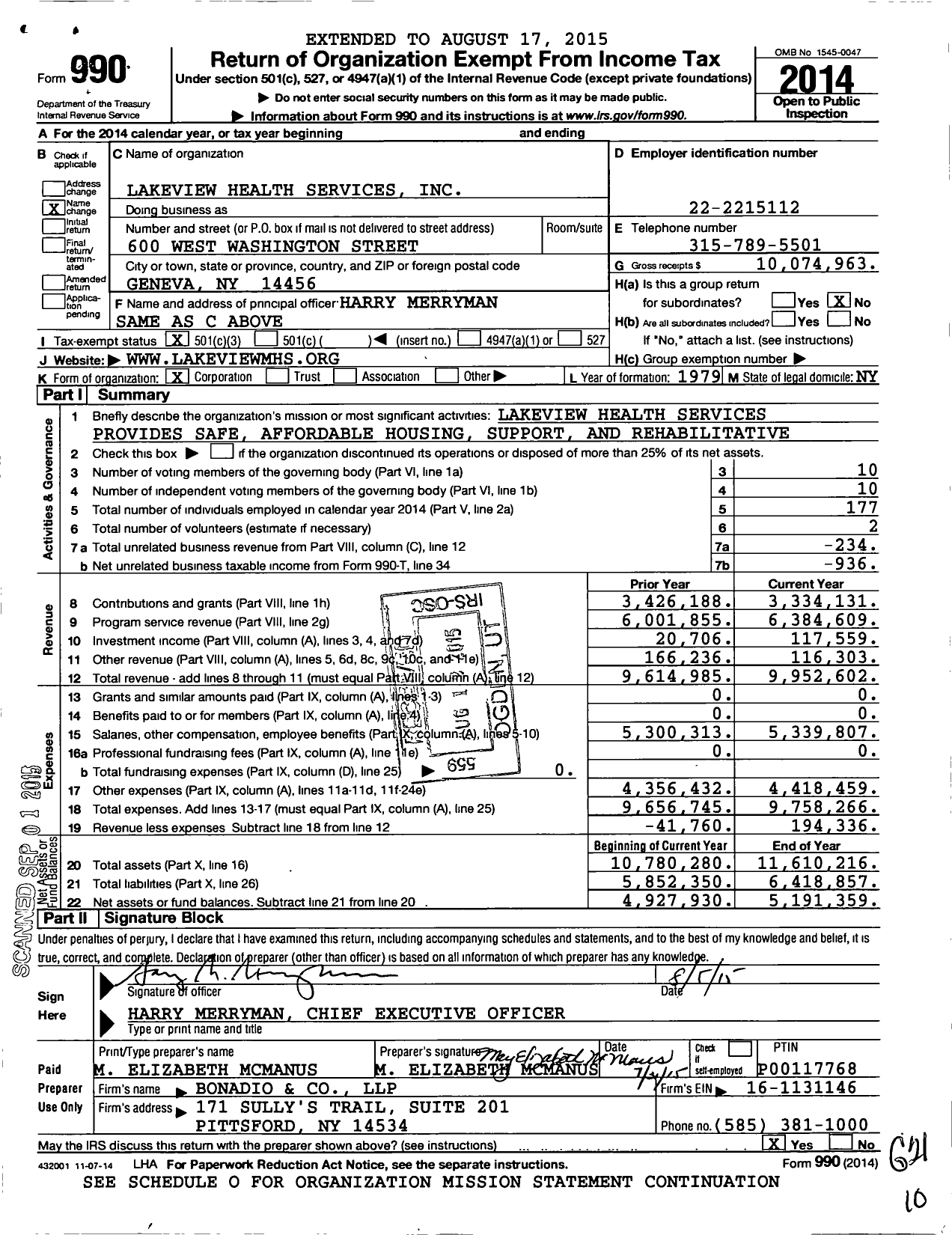 Image of first page of 2014 Form 990 for Lakeview Health Services