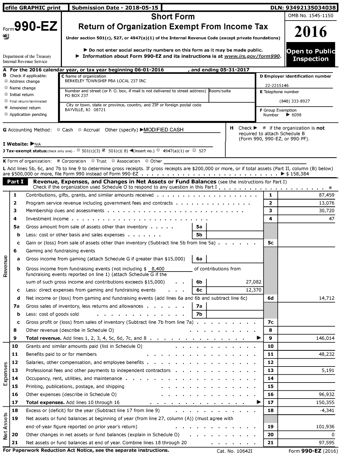 Image of first page of 2016 Form 990EZ for NJ State Patrolmen's Benevolent Association - 237 Berkeley Township