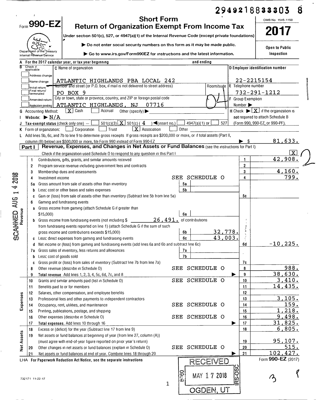 Image of first page of 2017 Form 990EO for NJ State Patrolmen's Benevolent Association - 242 Atlantic Highlands Pba