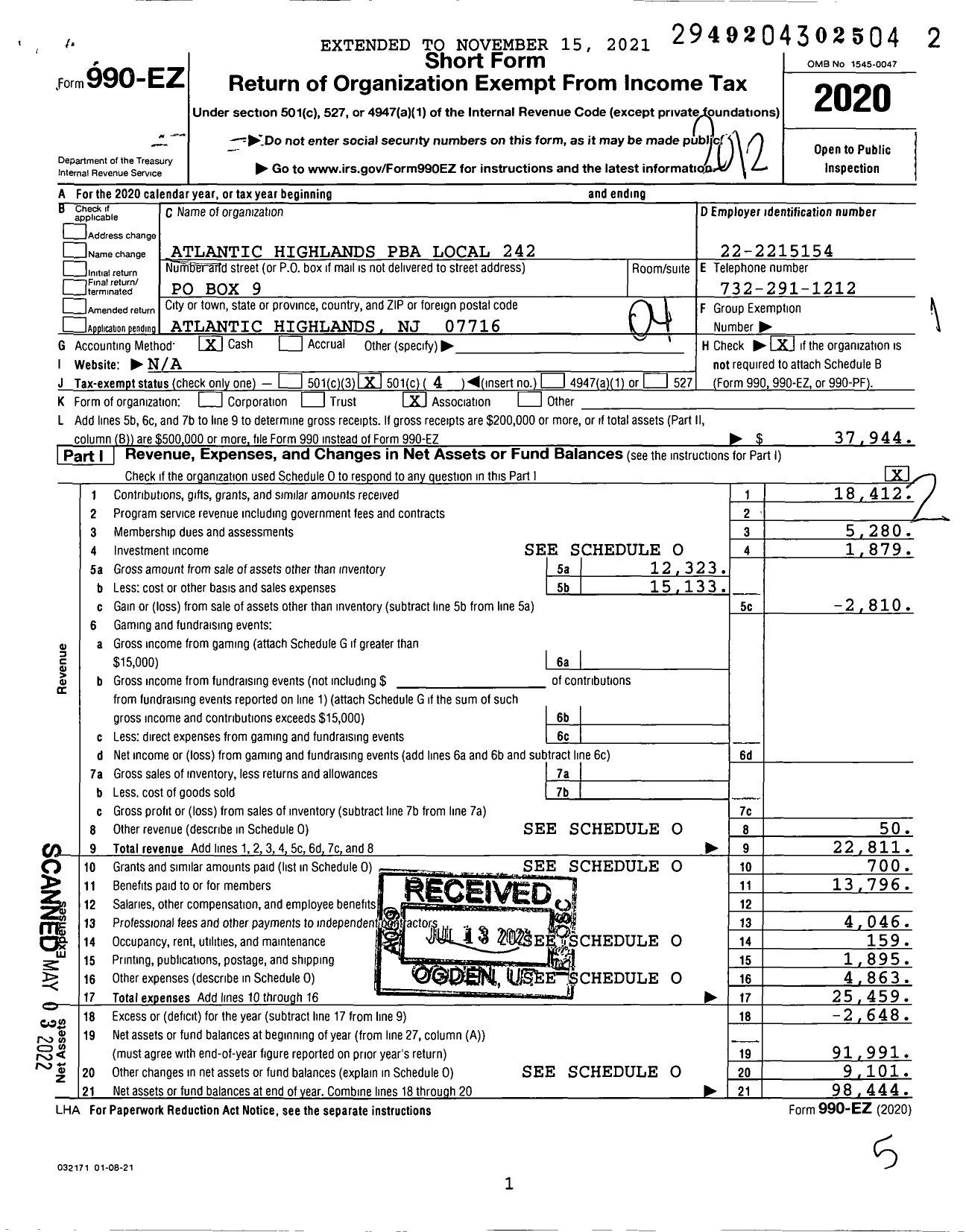 Image of first page of 2020 Form 990EO for NJ State Patrolmen's Benevolent Association - 242 Atlantic Highlands Pba