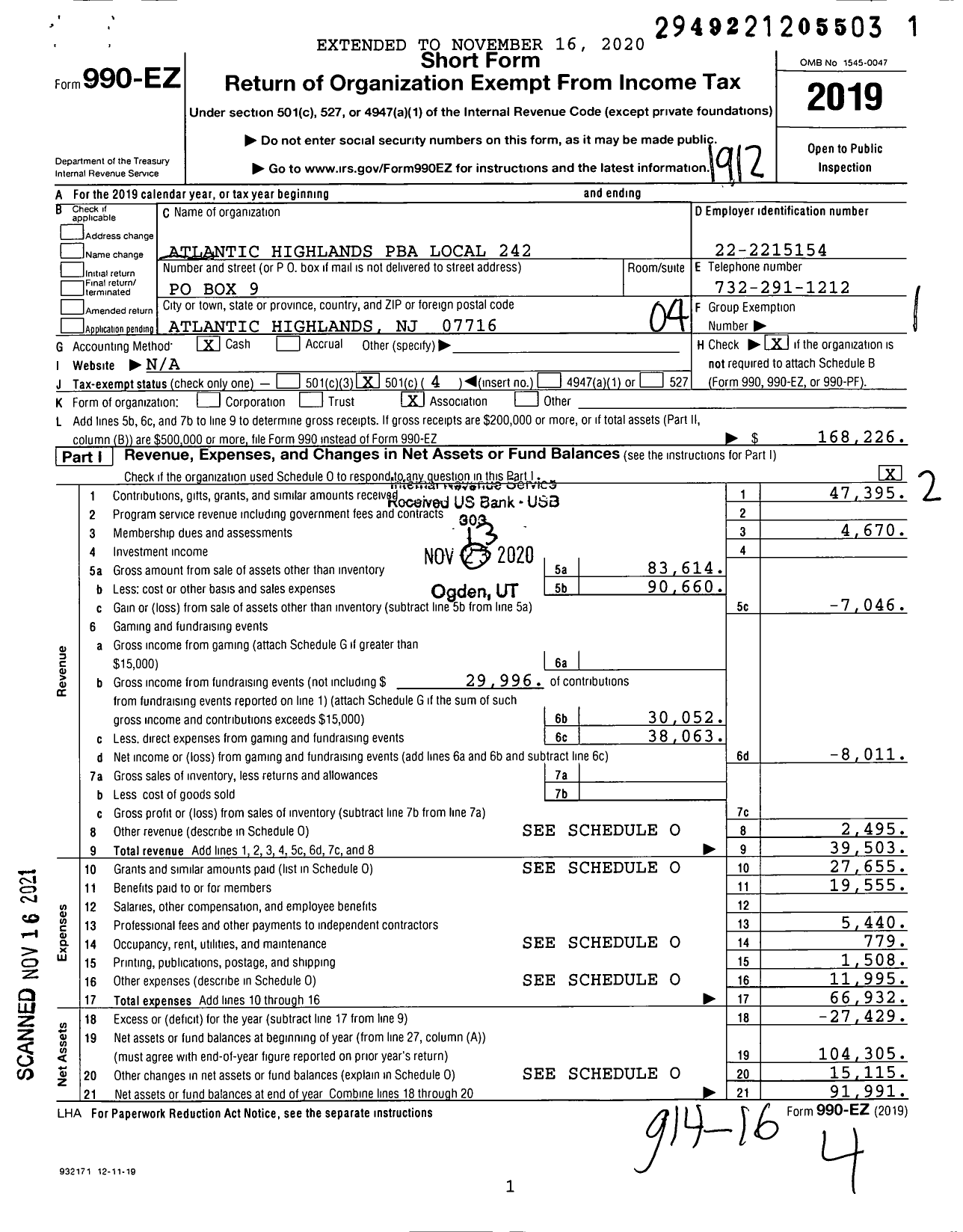 Image of first page of 2019 Form 990EO for NJ State Patrolmen's Benevolent Association - 242 Atlantic Highlands Pba