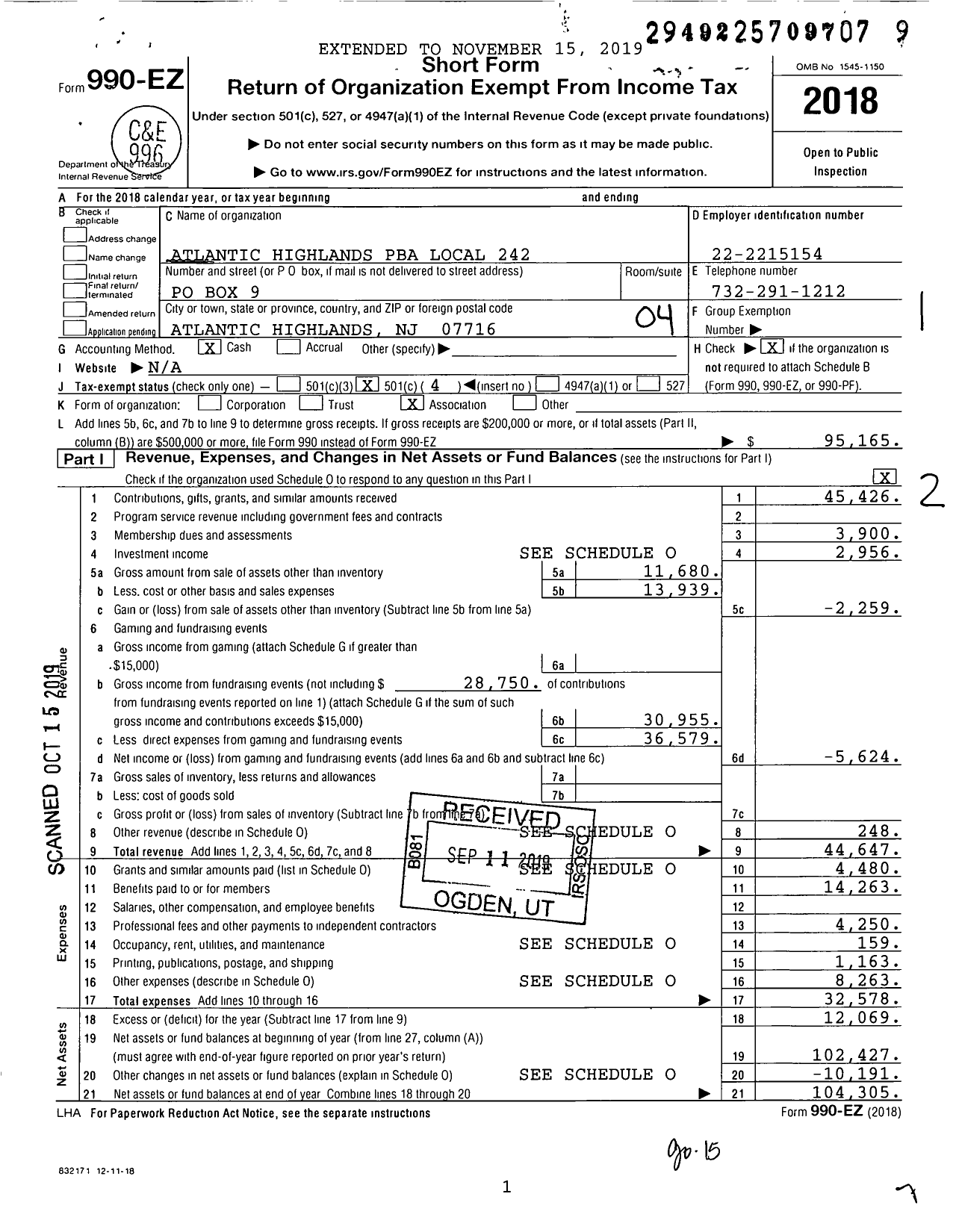 Image of first page of 2018 Form 990EO for NJ State Patrolmen's Benevolent Association - 242 Atlantic Highlands Pba