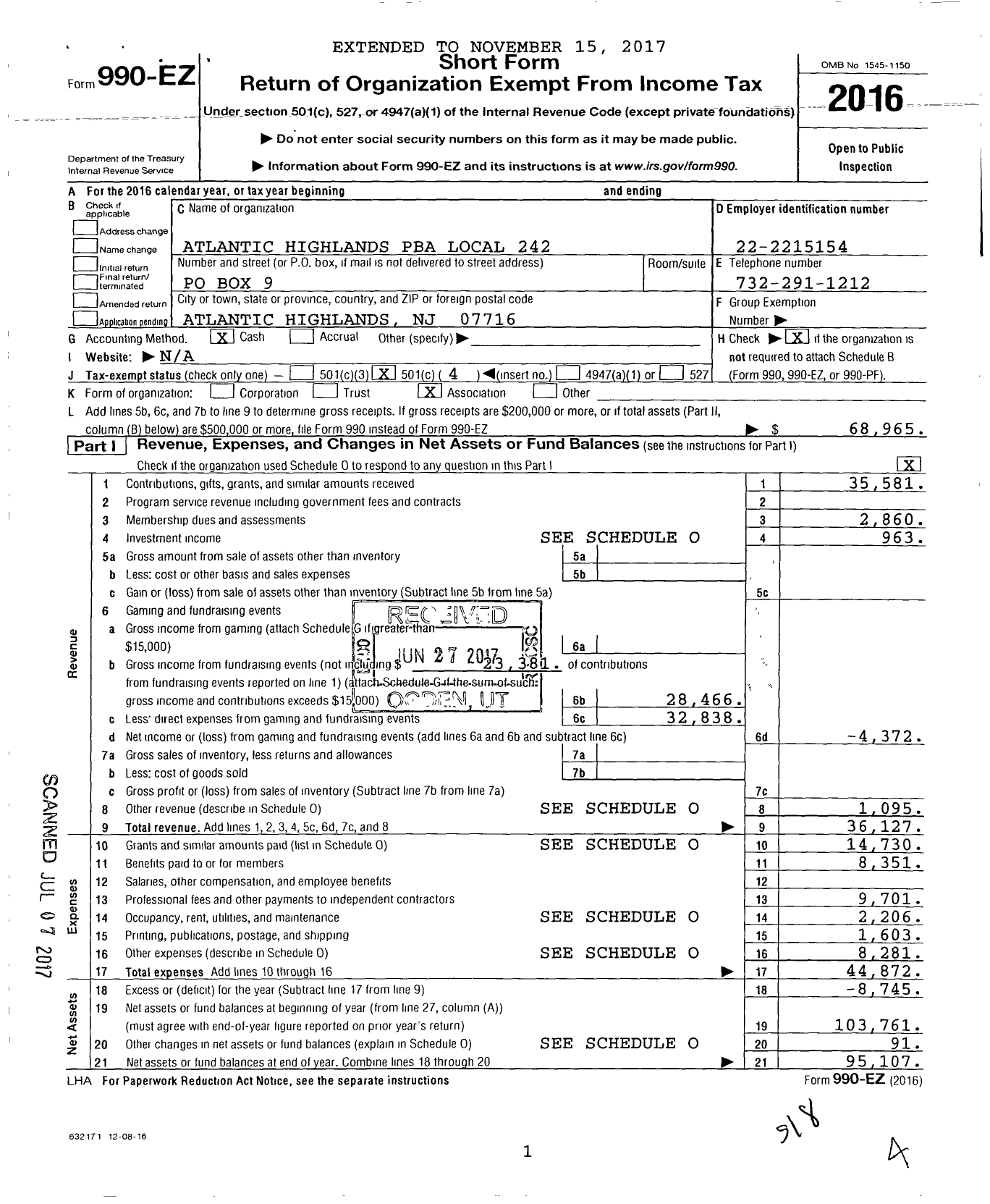 Image of first page of 2016 Form 990EO for NJ State Patrolmen's Benevolent Association - 242 Atlantic Highlands Pba