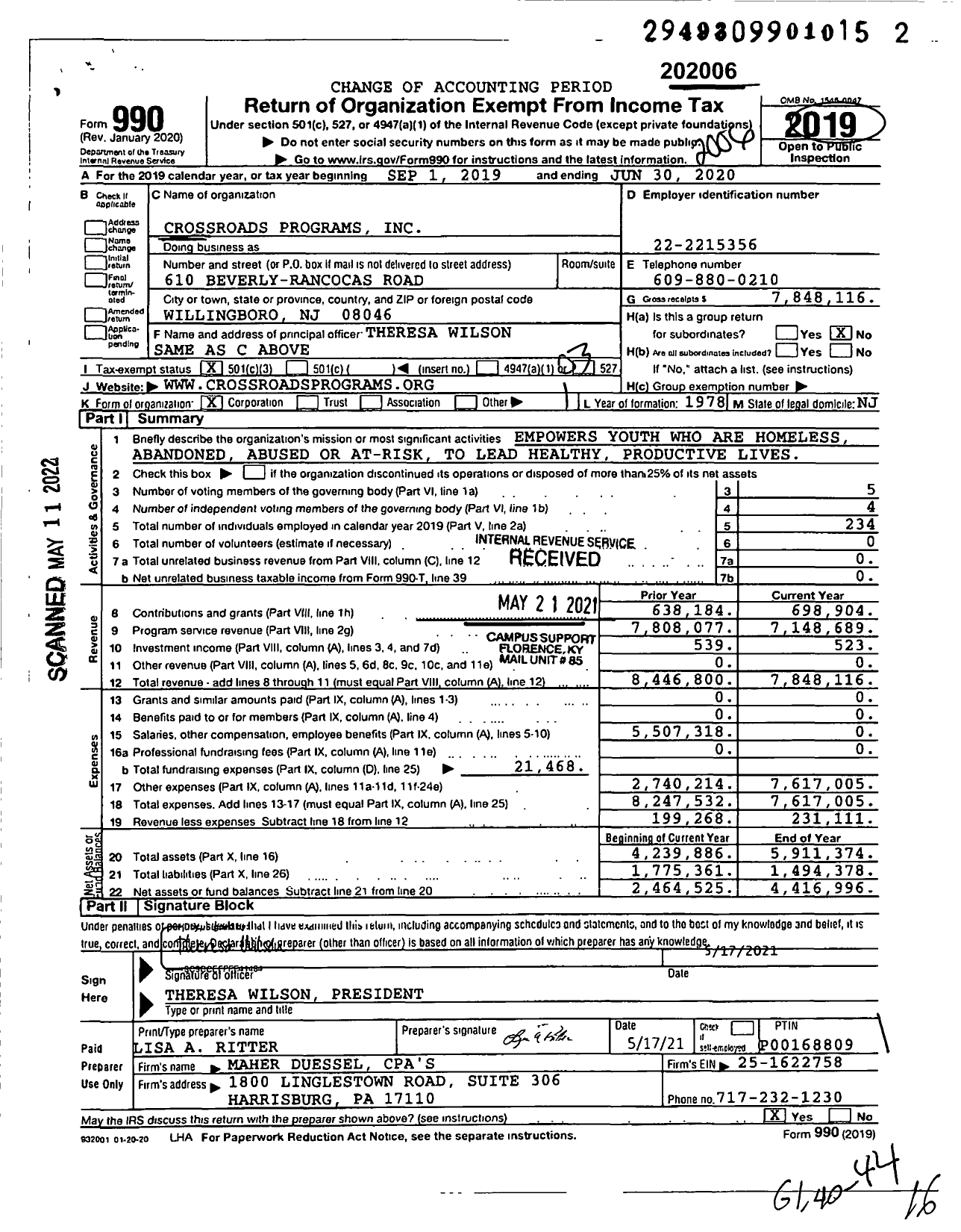 Image of first page of 2019 Form 990 for Crossroads Programs