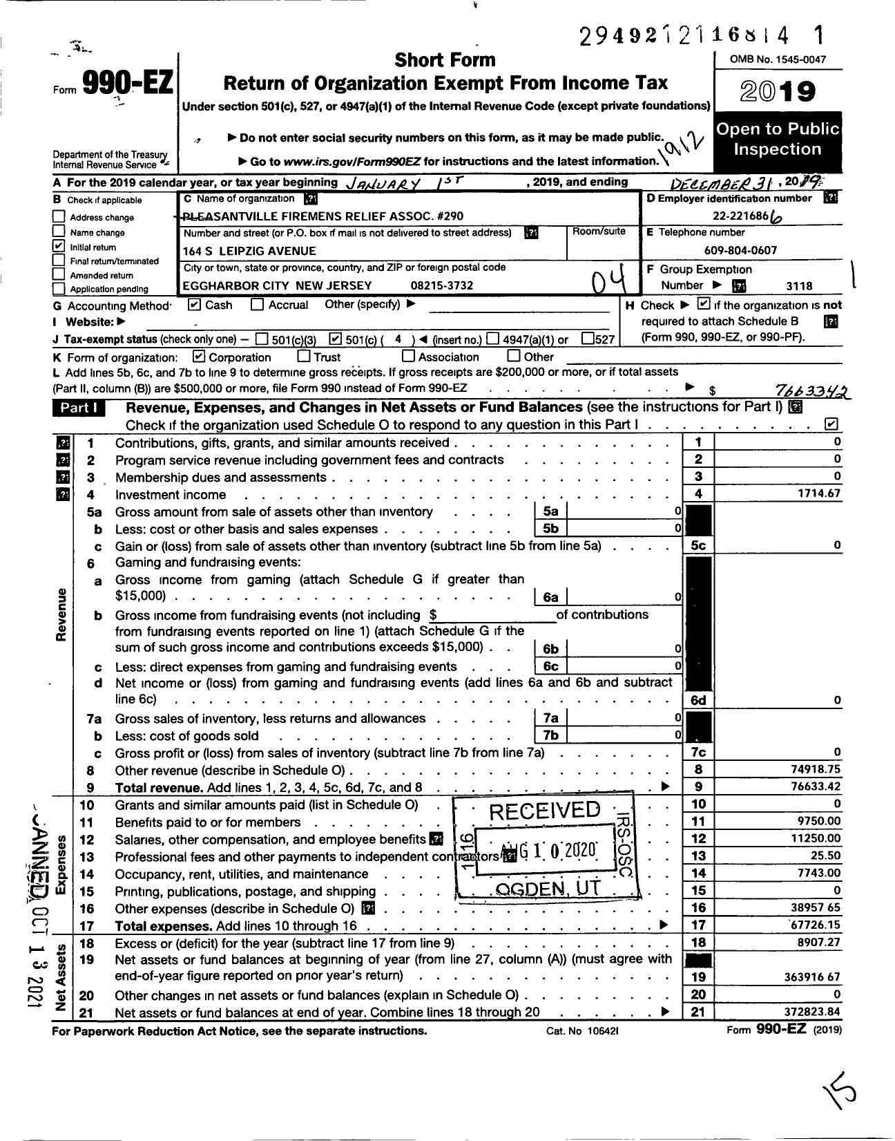 Image of first page of 2019 Form 990EO for New Jersey State Firemens Association / Pleasantville