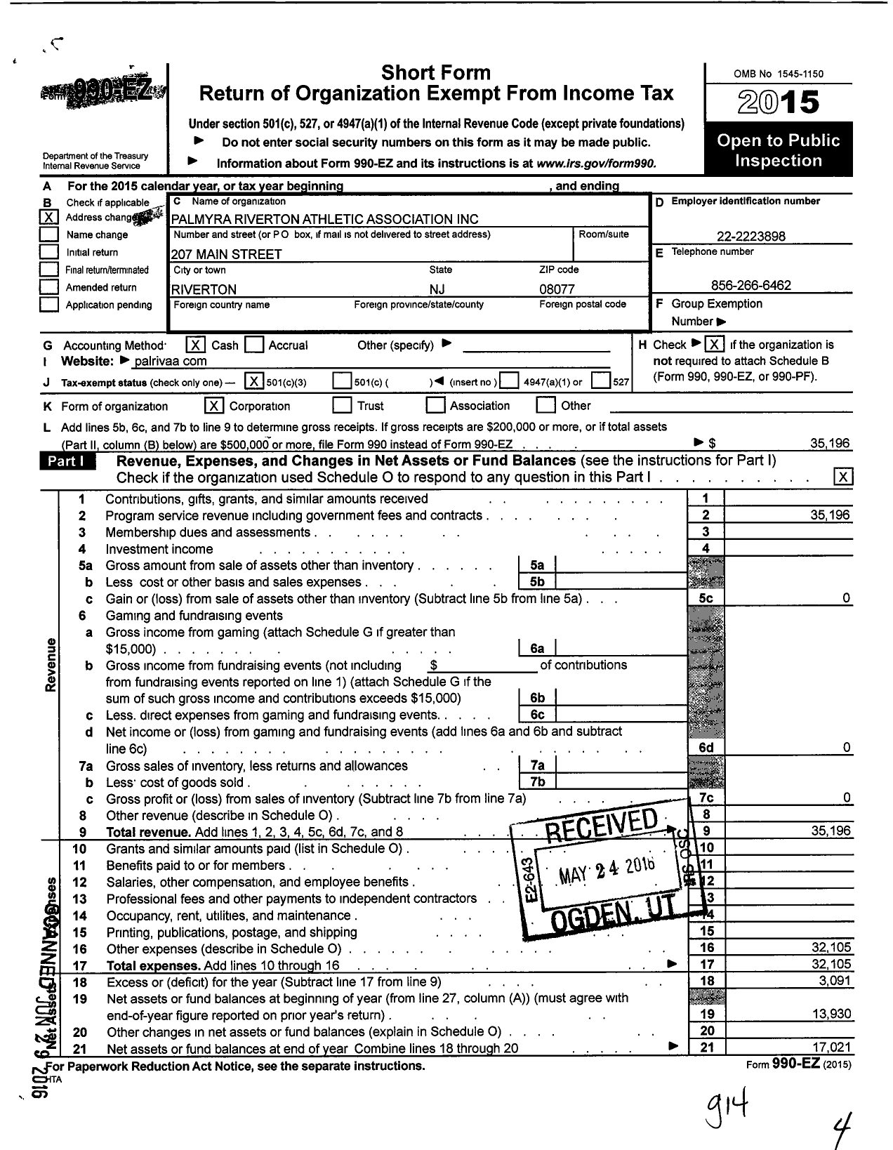 Image of first page of 2015 Form 990EZ for Palmyra Riverton Athletic Association