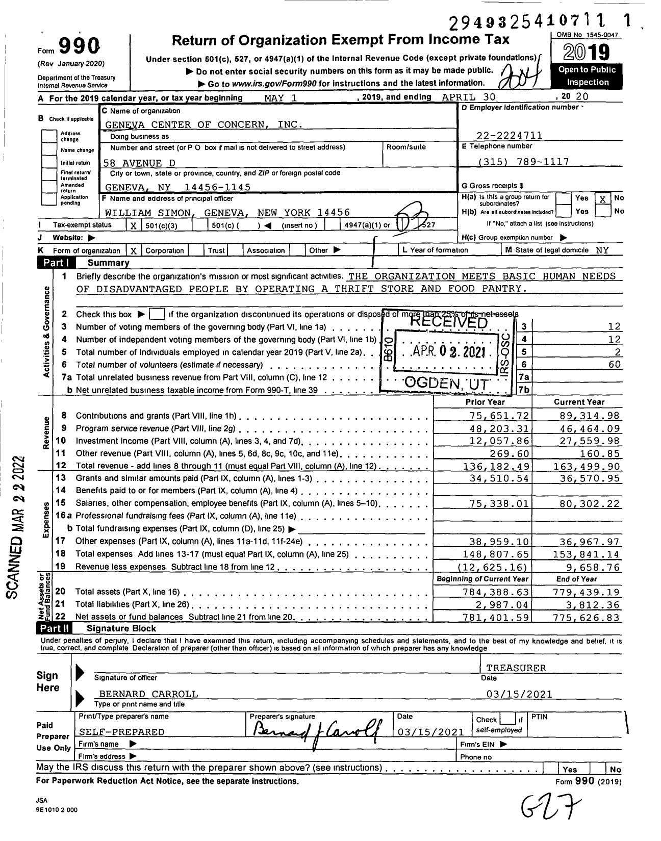 Image of first page of 2019 Form 990 for Geneva Center of Concern