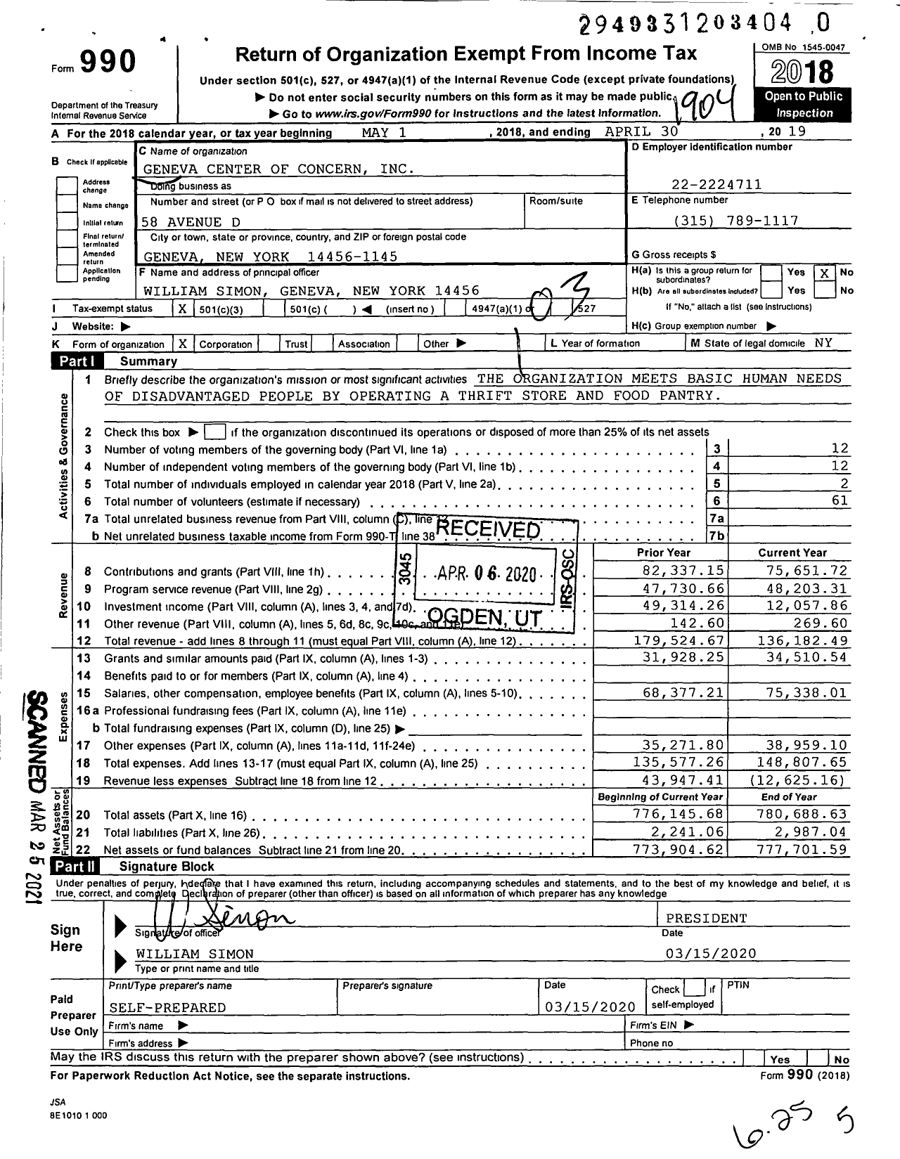 Image of first page of 2018 Form 990 for Geneva Center of Concern