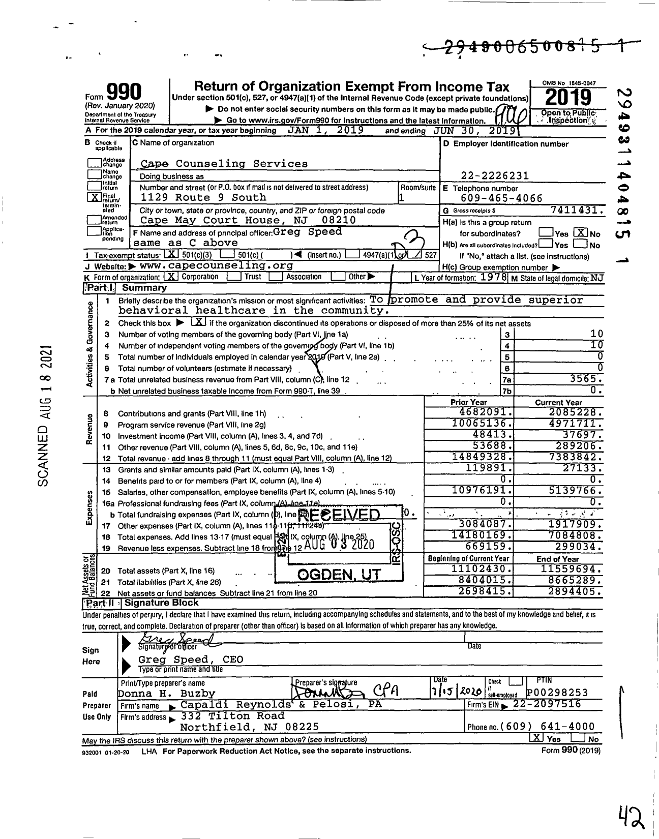 Image of first page of 2018 Form 990 for Cape Counseling Services