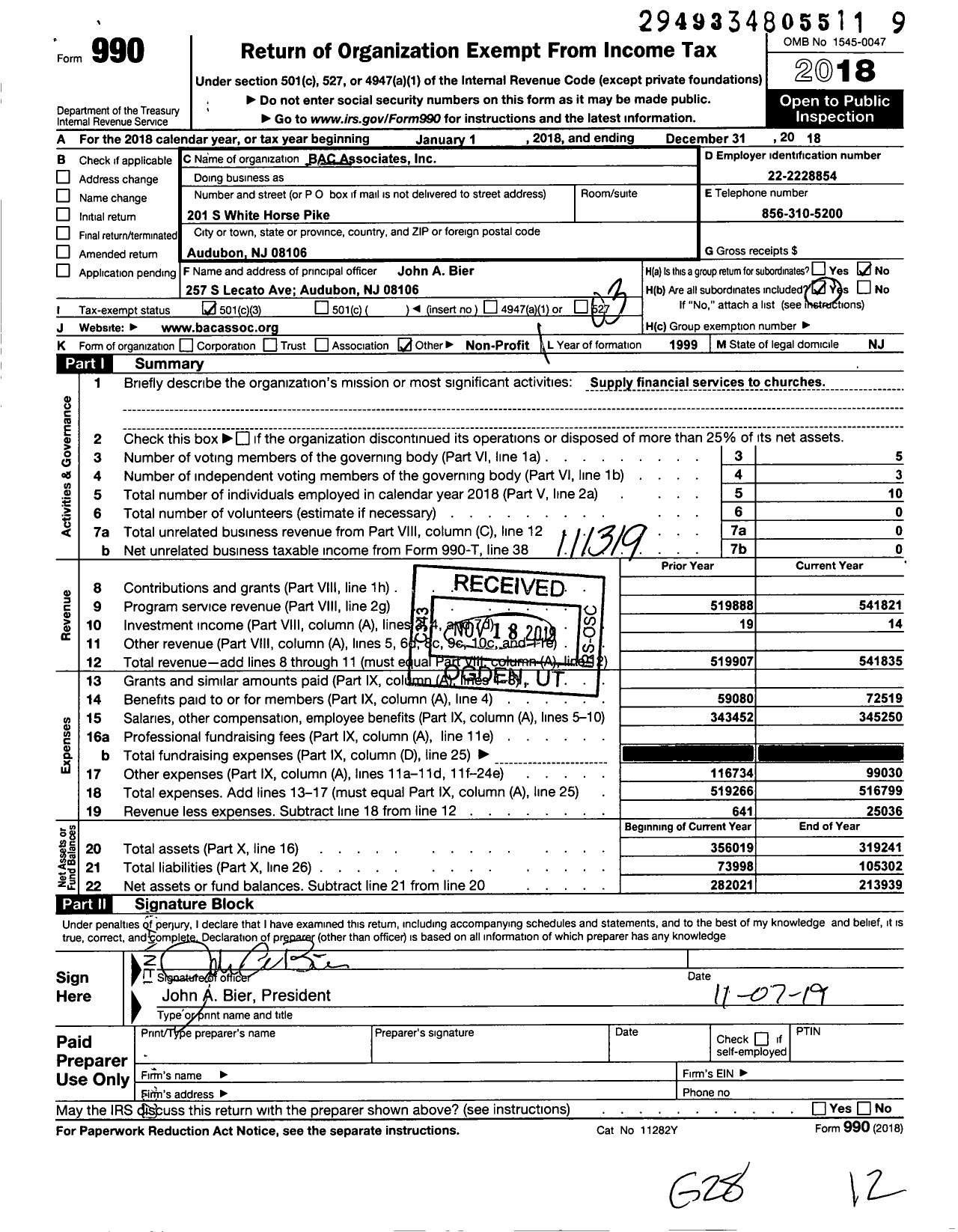 Image of first page of 2018 Form 990 for BAC Associates