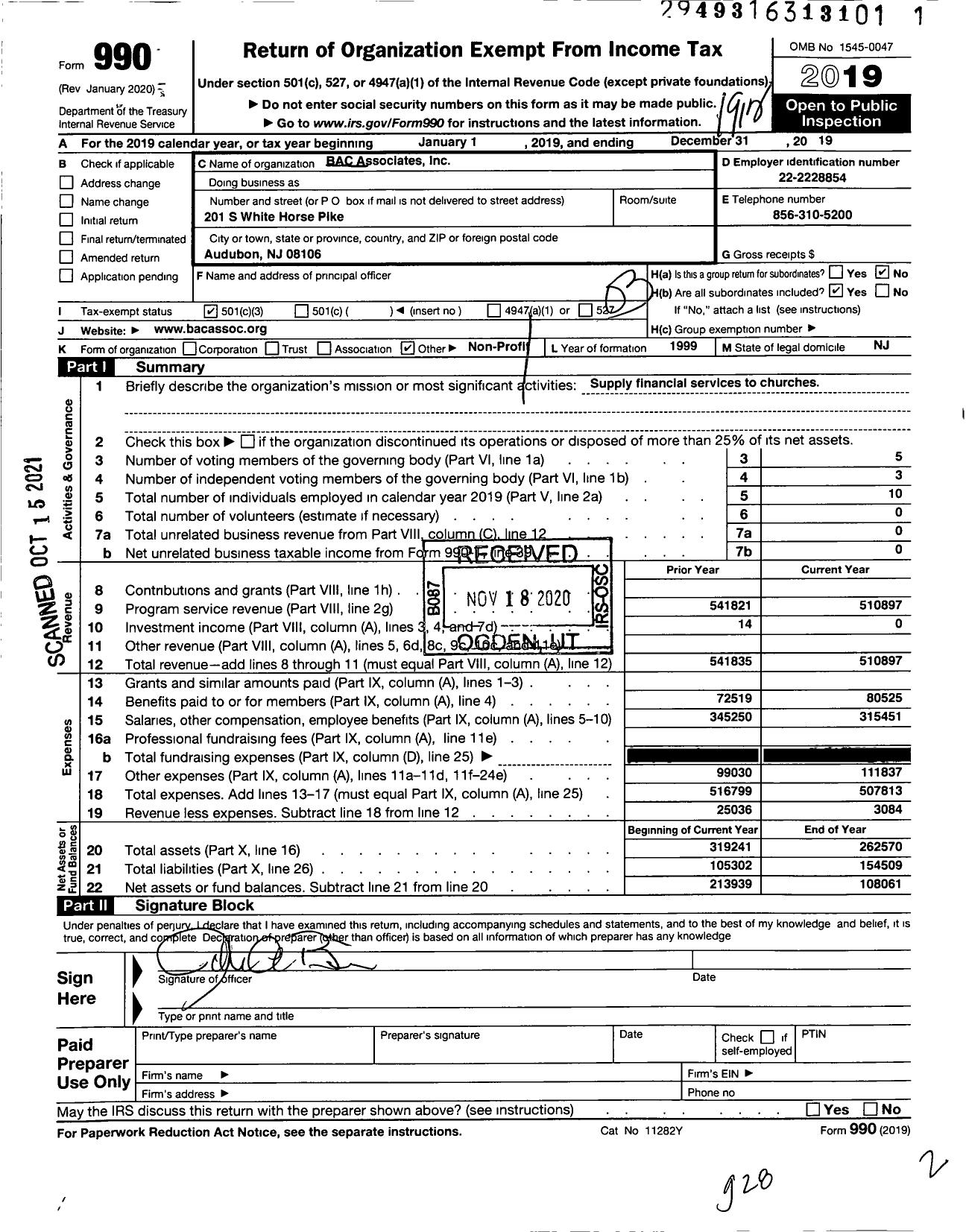 Image of first page of 2019 Form 990 for BAC Associates