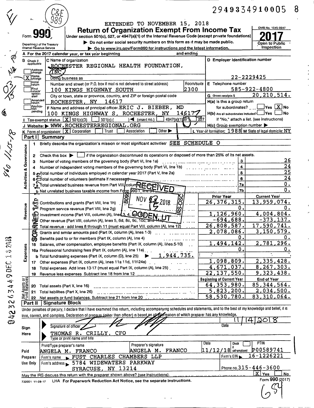 Image of first page of 2017 Form 990 for Rochester Regional Health Foundation