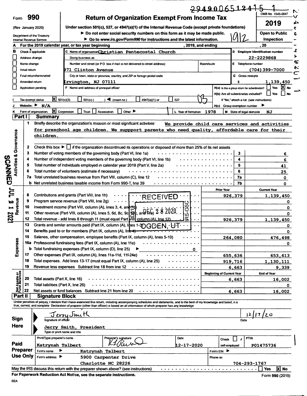 Image of first page of 2019 Form 990 for Christian Pentecostal Church