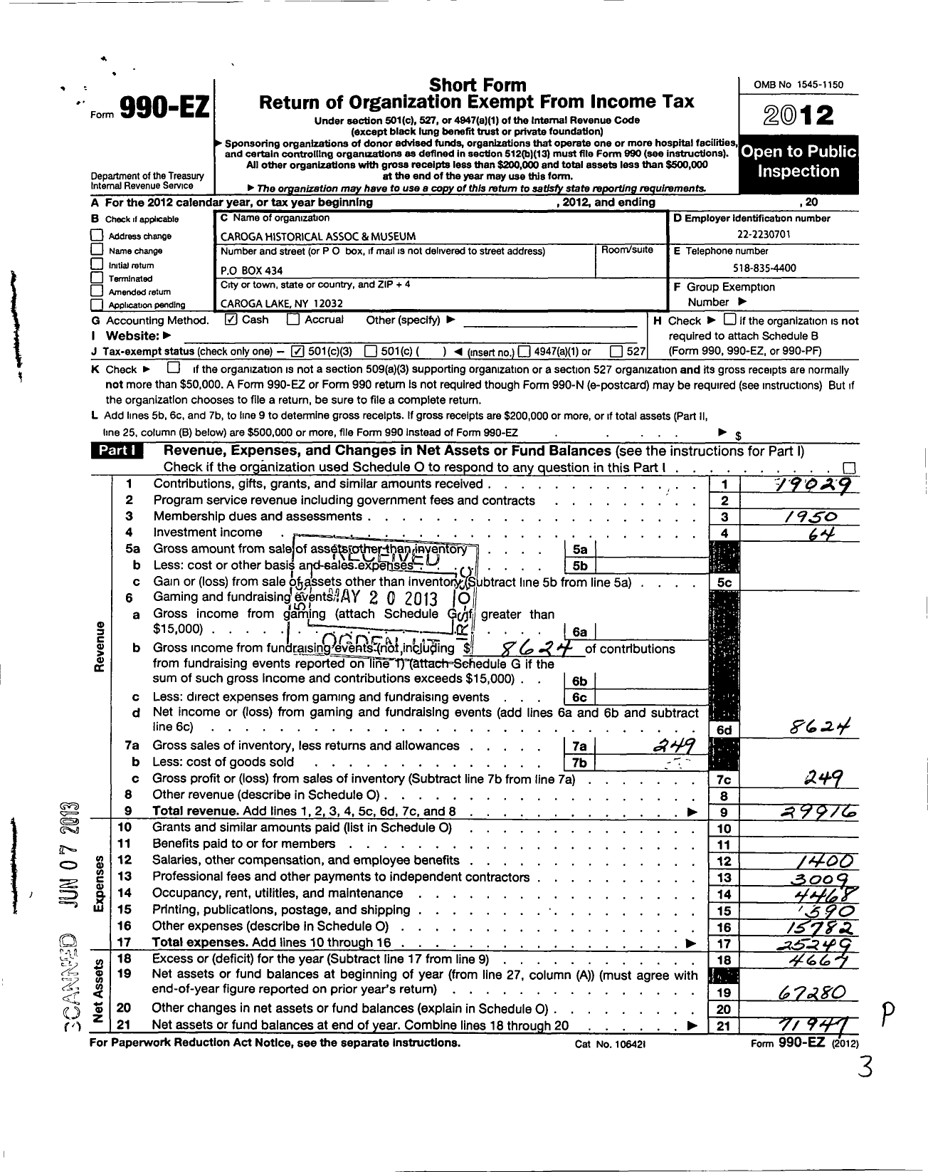 Image of first page of 2012 Form 990EZ for Caroga Historical Association and Museum