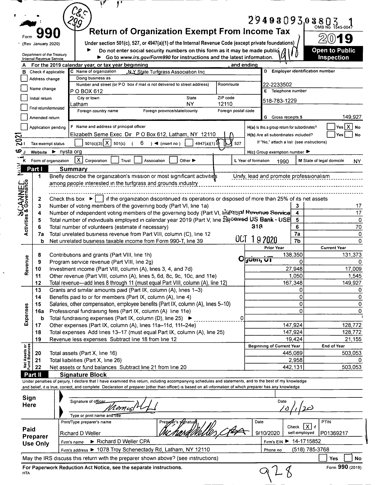 Image of first page of 2019 Form 990O for NY State Turfgrass Association
