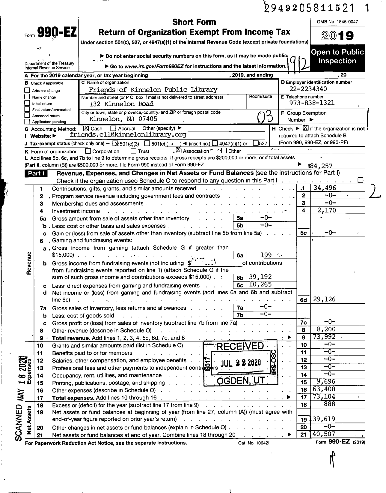 Image of first page of 2019 Form 990EZ for The Friends of the Kinnelon Public Library