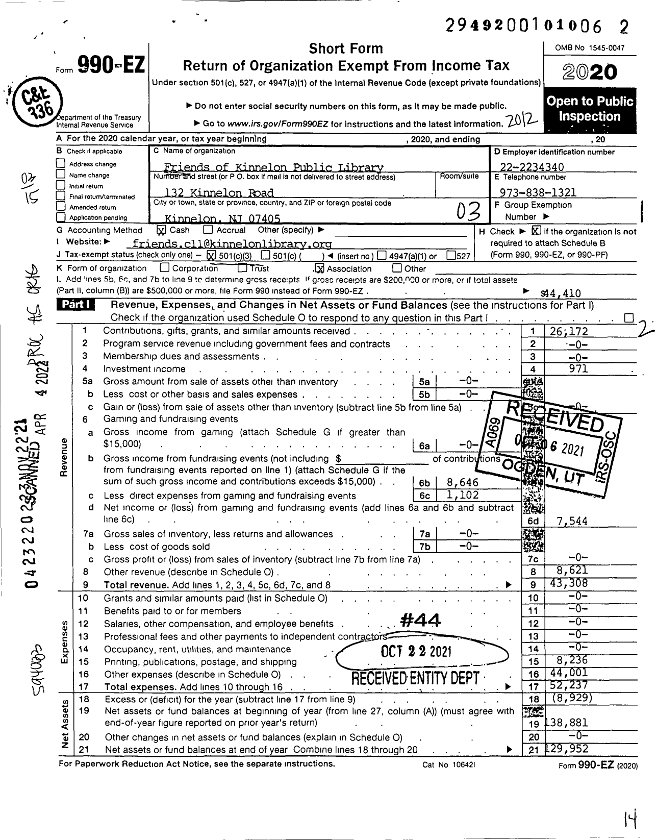 Image of first page of 2020 Form 990EZ for The Friends of the Kinnelon Public Library