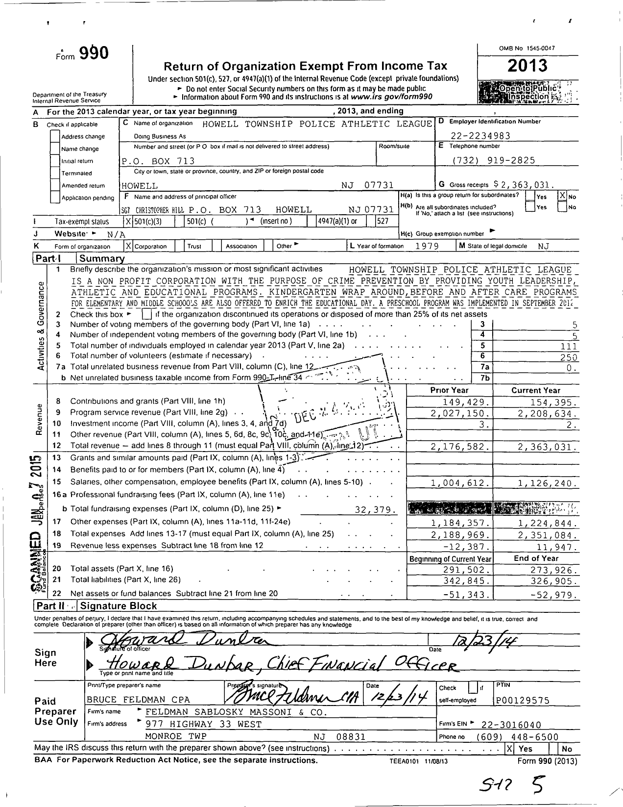 Image of first page of 2013 Form 990 for Howell Township Police Athletic League