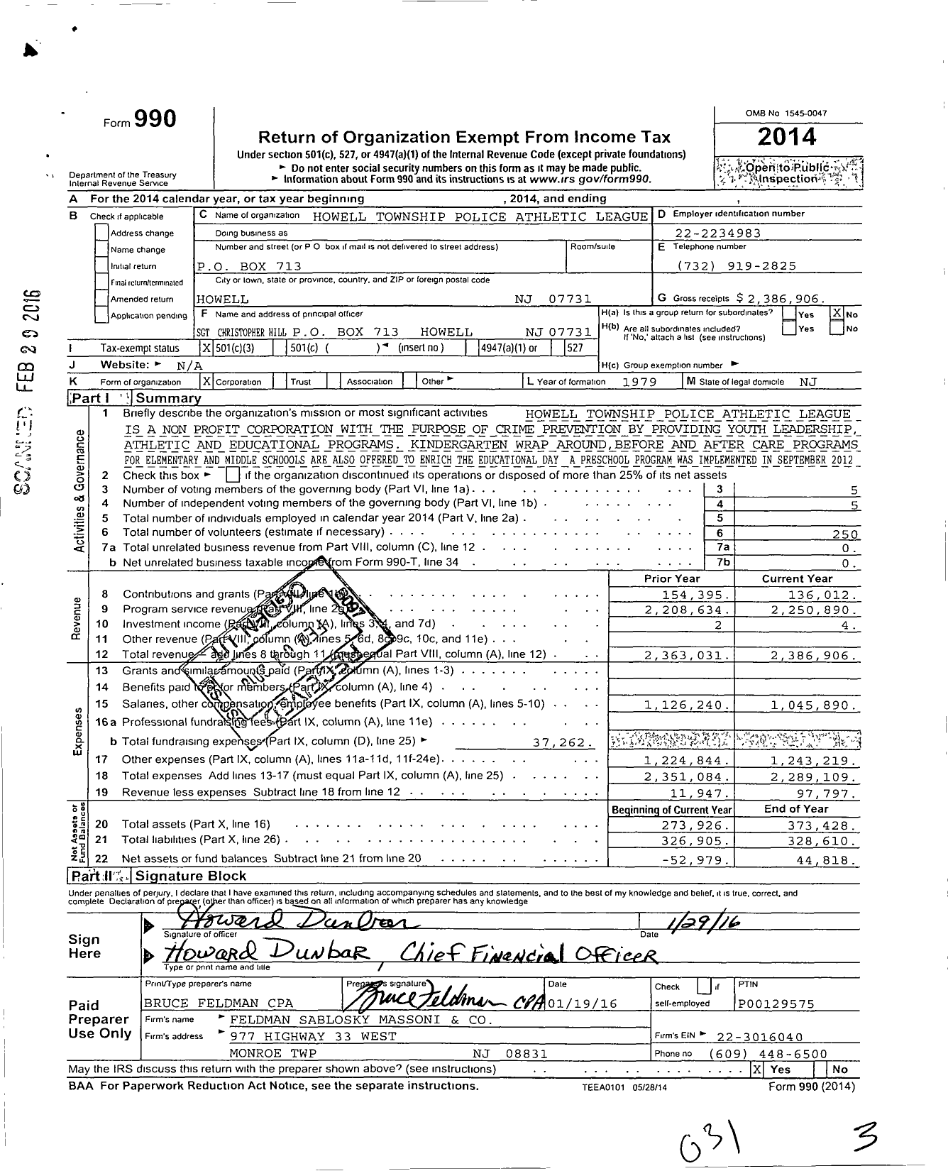 Image of first page of 2014 Form 990 for Howell Township Police Athletic League