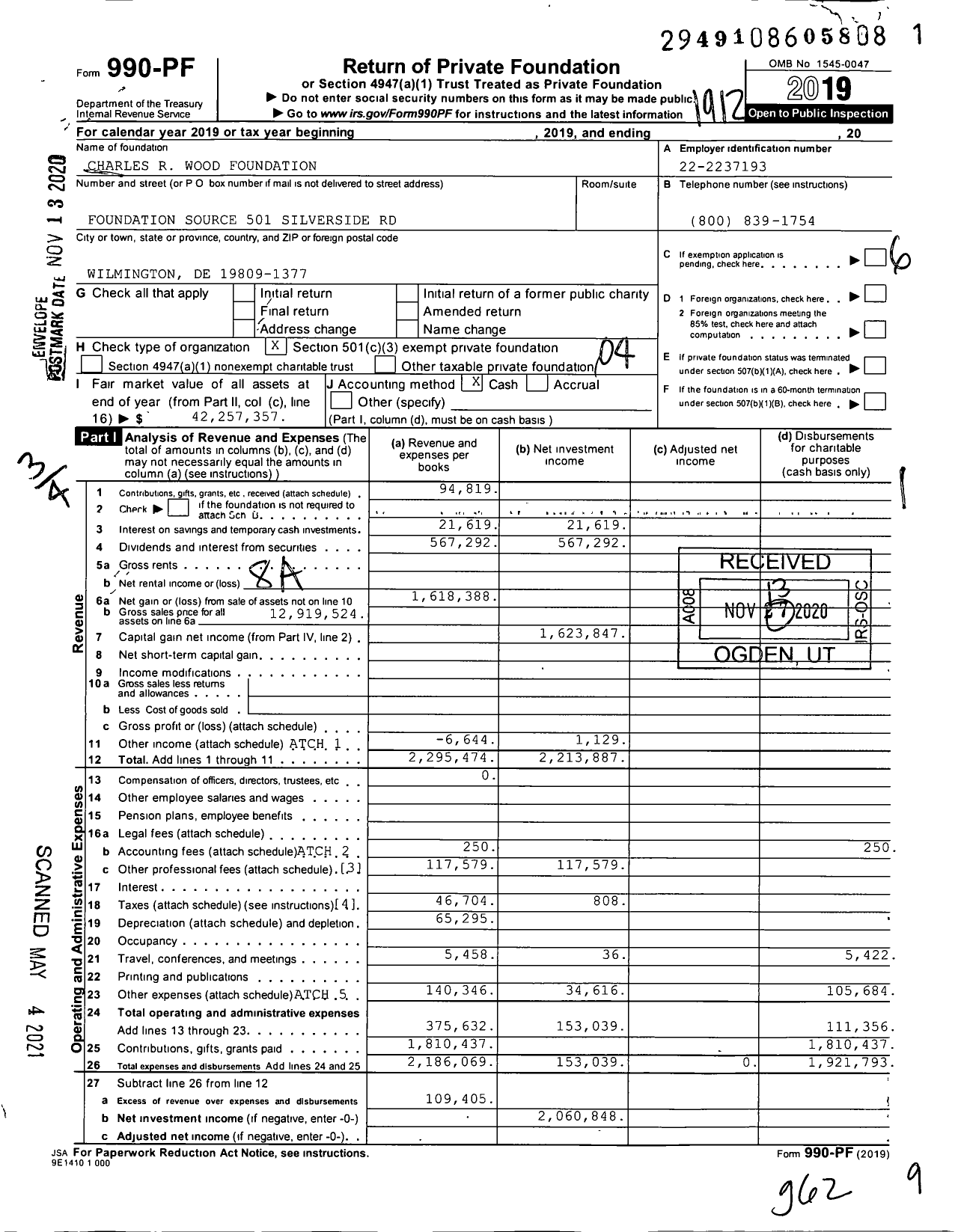 Image of first page of 2019 Form 990PF for Charles R Wood Foundation