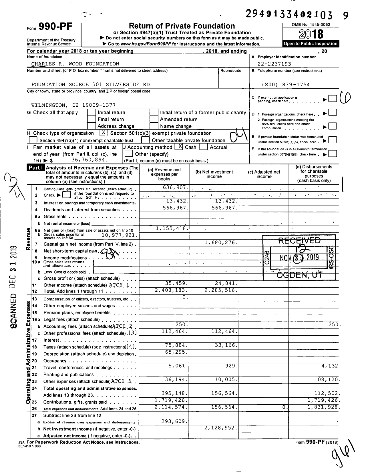 Image of first page of 2018 Form 990PF for Charles R Wood Foundation