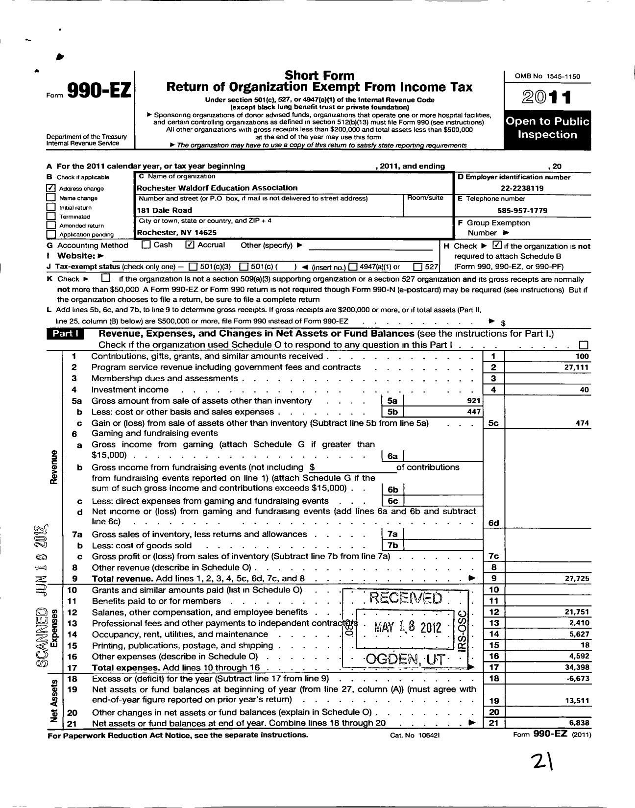 Image of first page of 2011 Form 990EO for Rochester Waldorf Educations Association