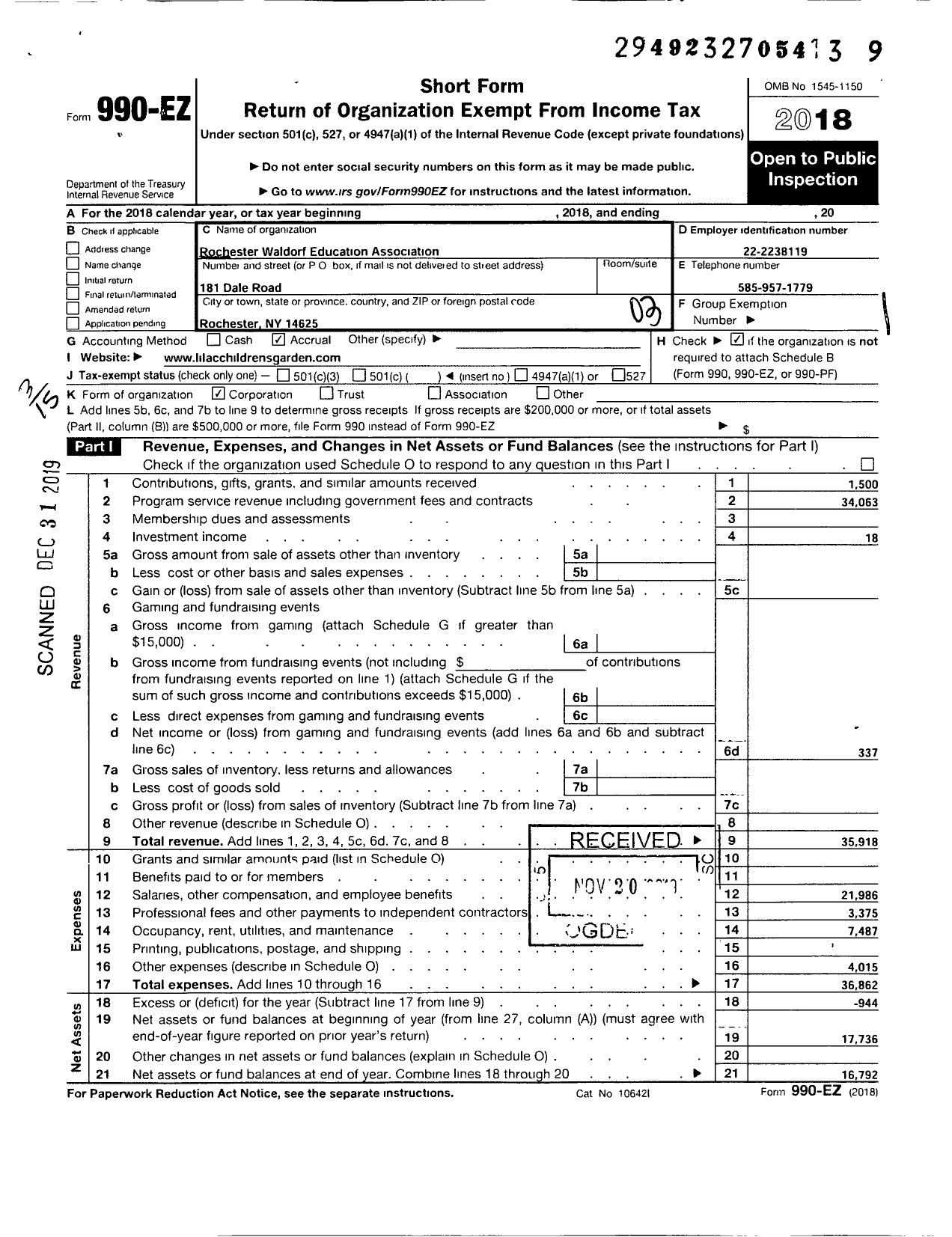 Image of first page of 2018 Form 990EZ for Rochester Waldorf Educations Association